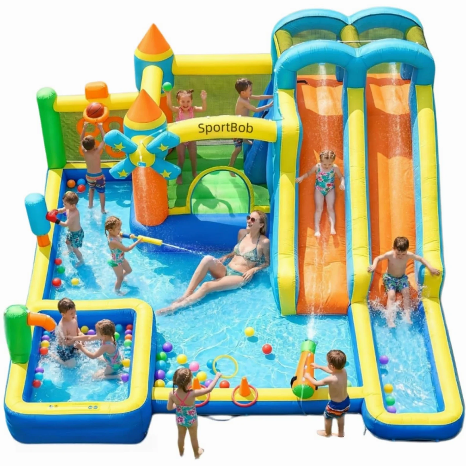 Castillo hinchable con doble tobogán, soplador, piscina infantil, zona de salto y pared de escalada, ideal para uso en interiores y exteriores, reuniones familiares y ocasiones de cumpleaños