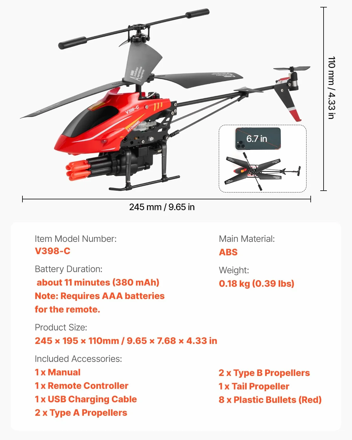 VEVOR Helicóptero de Control Remoto de 2,4 GHz 3,5 Canales con Modo de Disparo, Retención de Altitud Despegue/Aterrizaje con una Sola Tecla y Luces LED Juguete para Niños Mayores de 14 Años