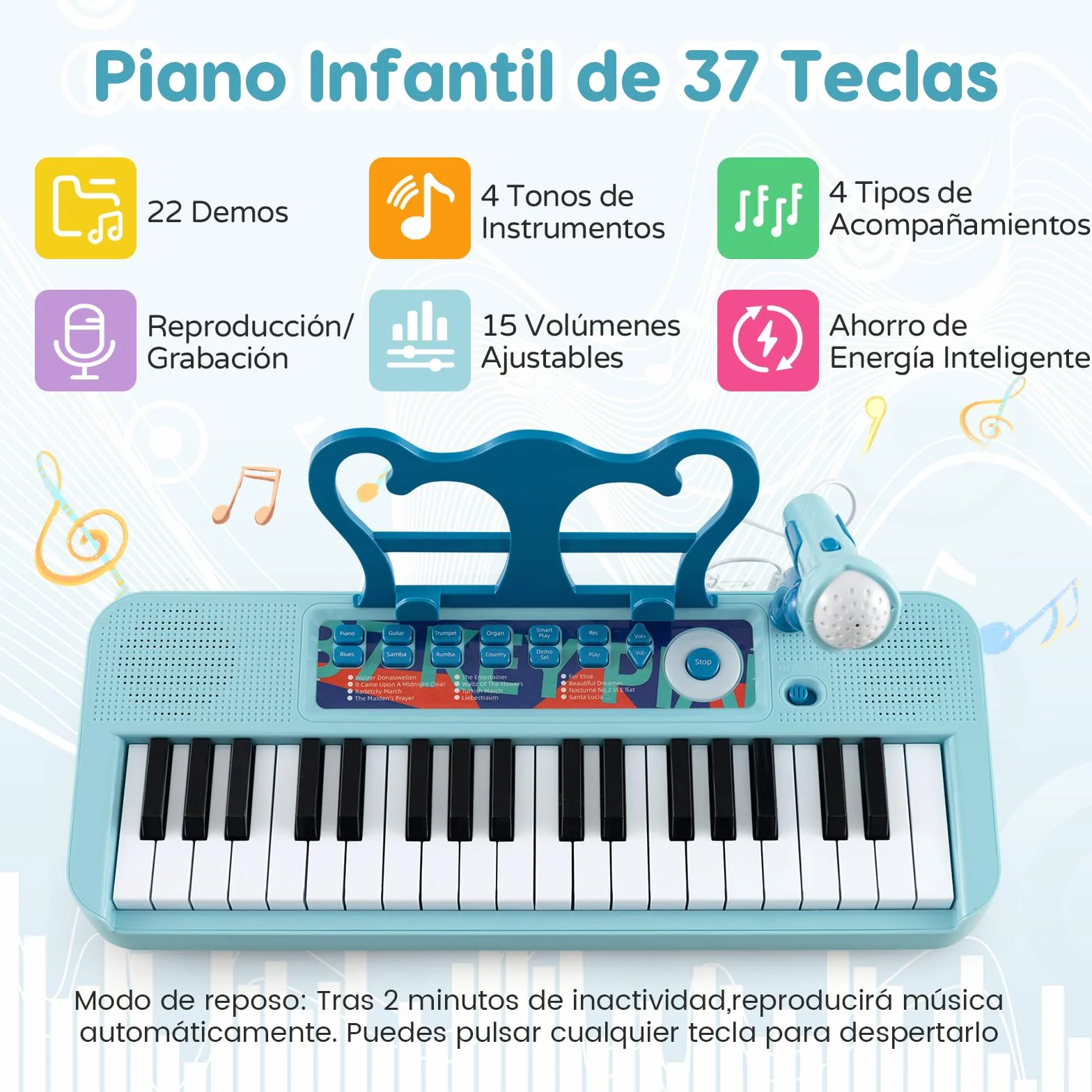 RELAX4LIFE Piano Infantil 37 Teclas con Micrófono, Taburete, Atril, Grabación y Reproducción, Volumen Ajustable, Karaoke Infantil con 22 Canciones, 4 Ritmos, 4 Instrumentos para Niños 3+ Años (Azul)