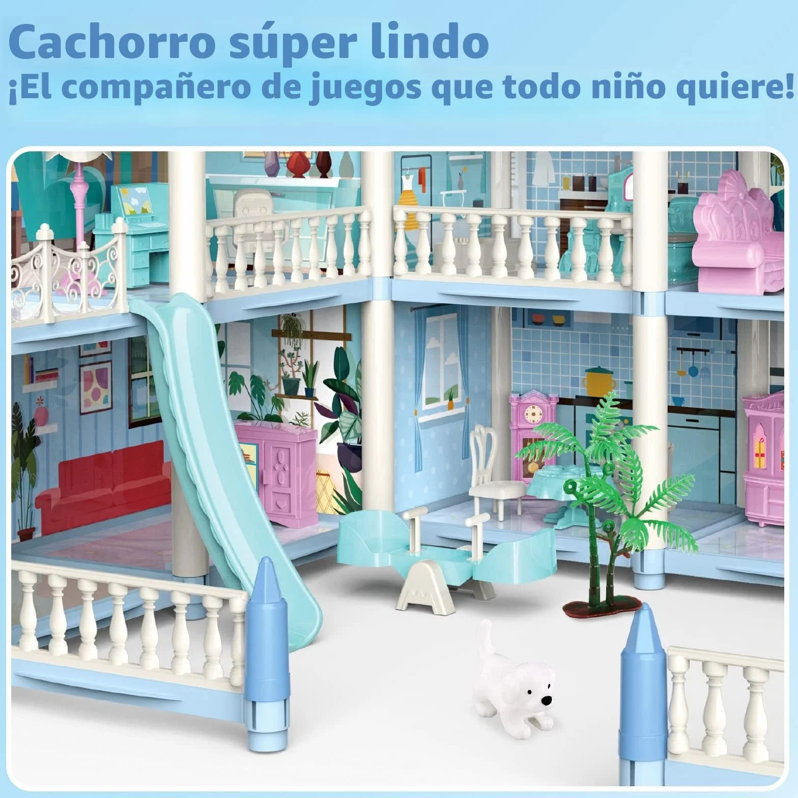 deAO Casa de Muñecas Villa para Niñas, 3 Pisos Casa de Muñecas de Ensueño con Muebles y Toboganes, Escaleras, Vallas, Perro Muñeco, Princess Castle Playset, Regalo para Niñas de 6+ Años (Azul)