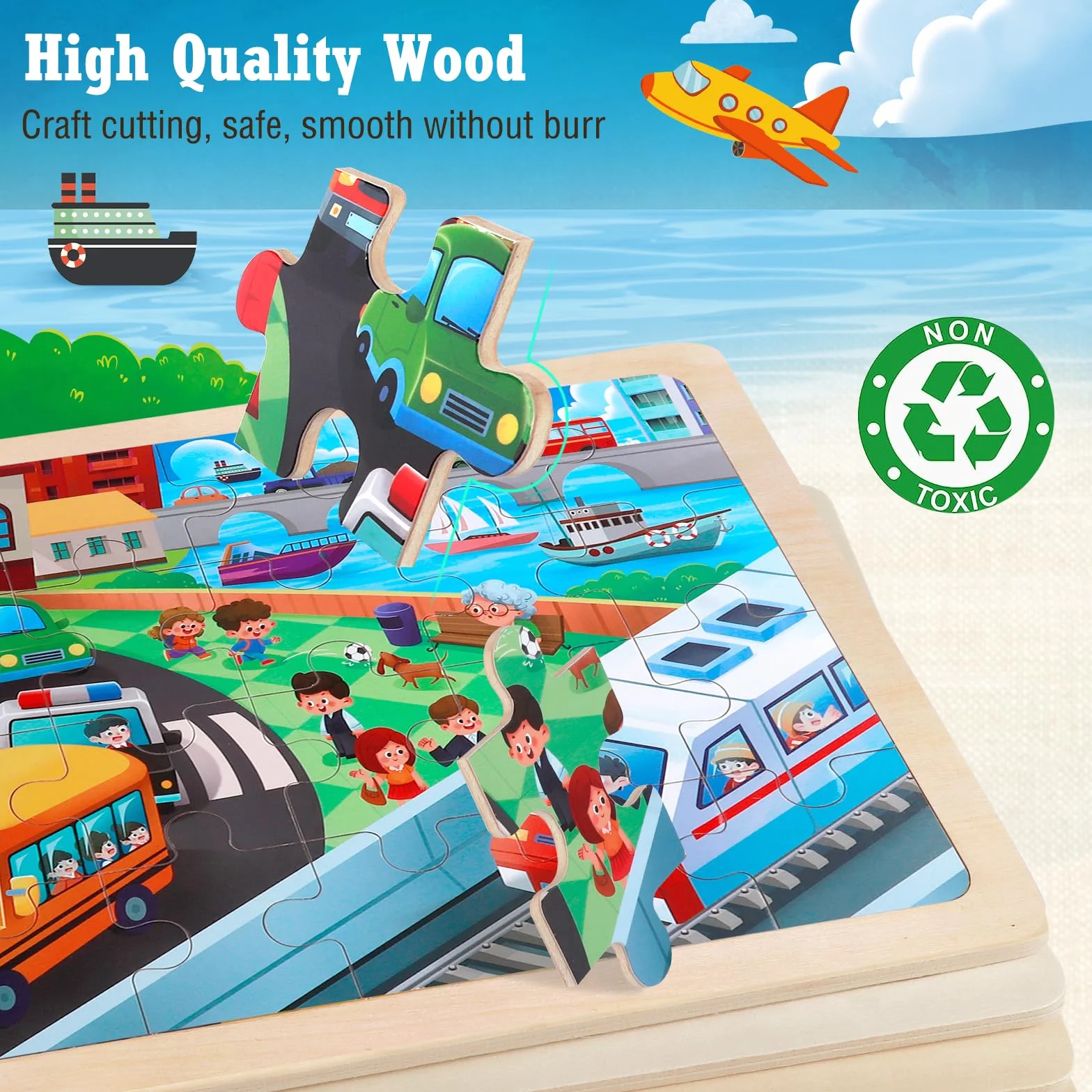 Juego de 4 Puzzle de Madera para Niños, Rompecabezas de 24 Piezas, Puzzle Juego de Coches de Juguete, Juguete Educativo para Infantiles de 3 4 5 6 años, Juguete de Regalo para Niña Niño