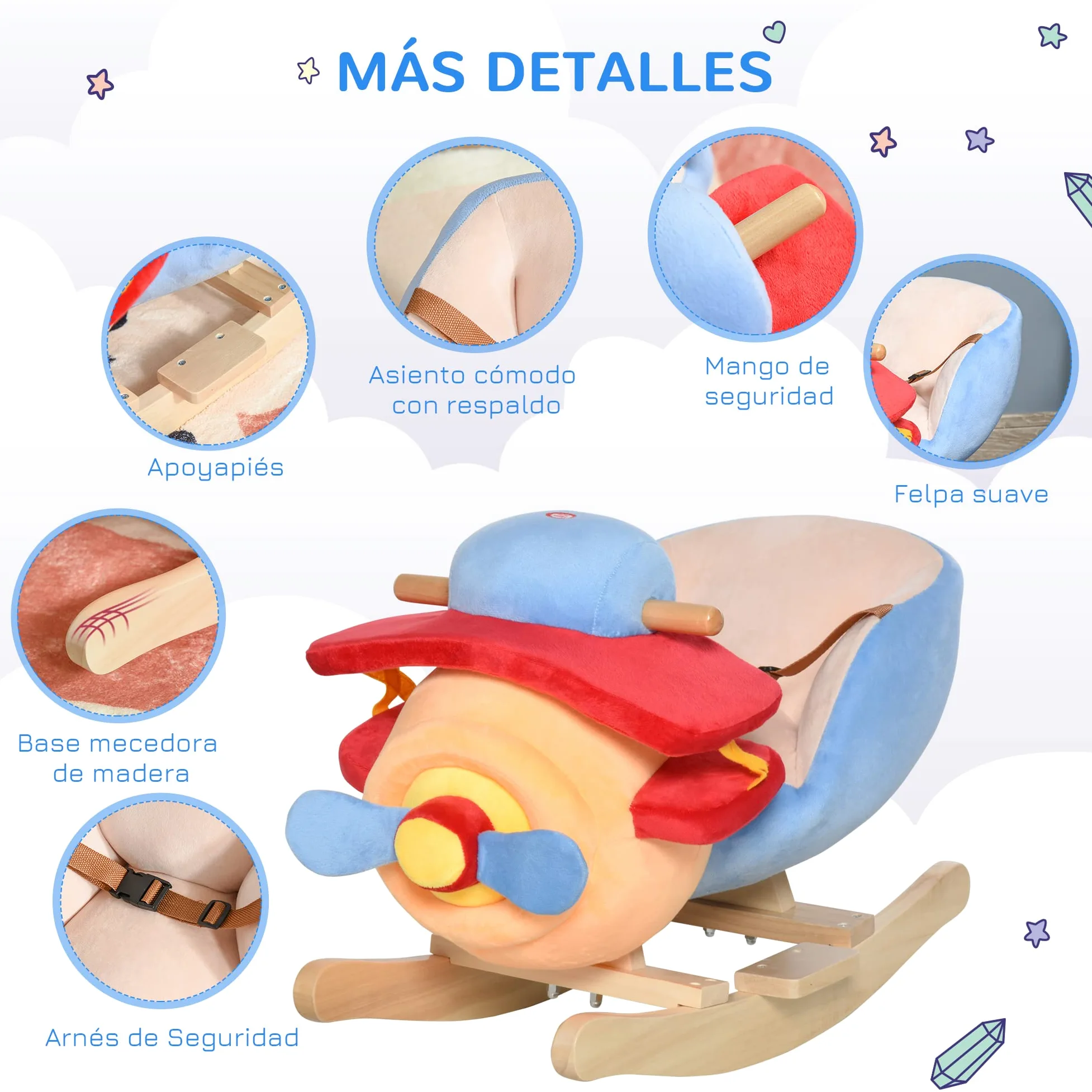 HOMCOM Caballo Balancin Niño Avion Peluche+Musica Cinturon Seguridad Caballito Infantil