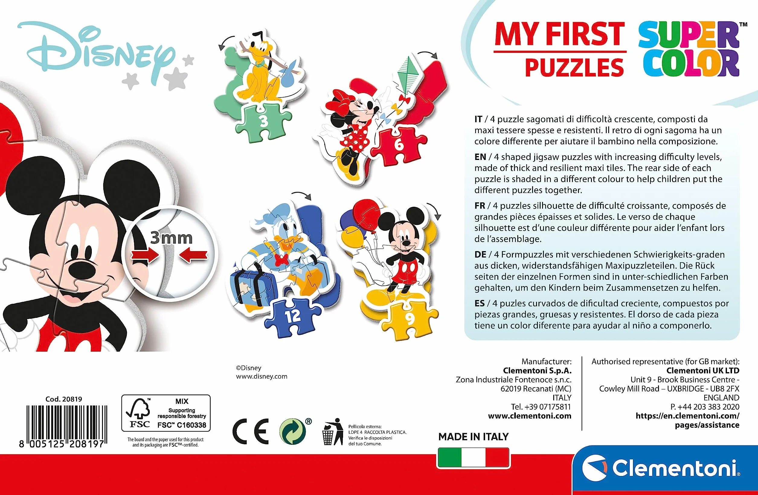 Clementoni Puzzle Infantil Mickey Mouse Progresivo 3-6-9-12 Piezas My First Puzzle A Partir de 2 años Multicolor