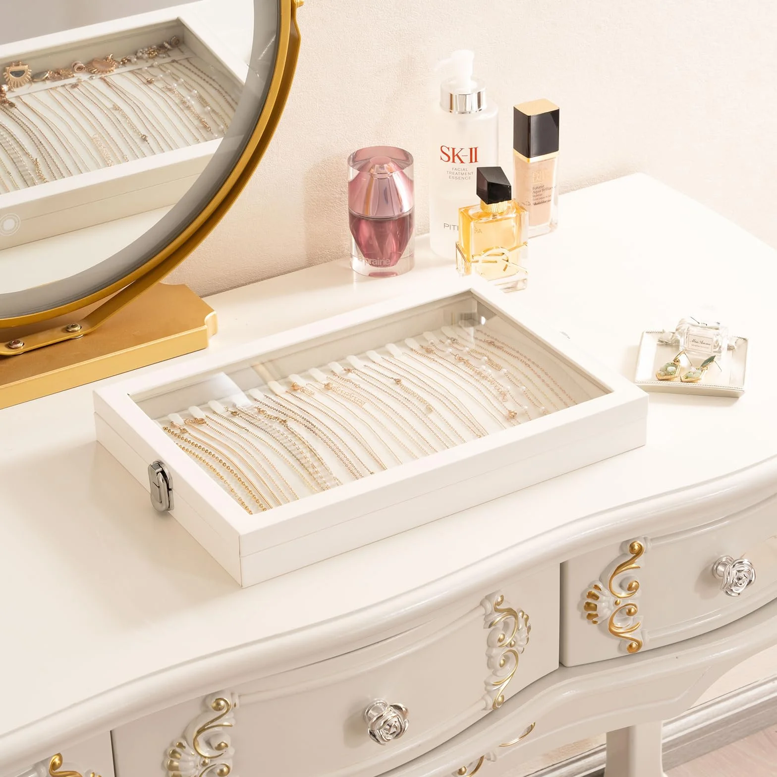 Lolalet Bandeja Organizadora para Collares con Tapa, 18 ganchos para Joyas Caja de Almacenamiento para Cajón -Beige