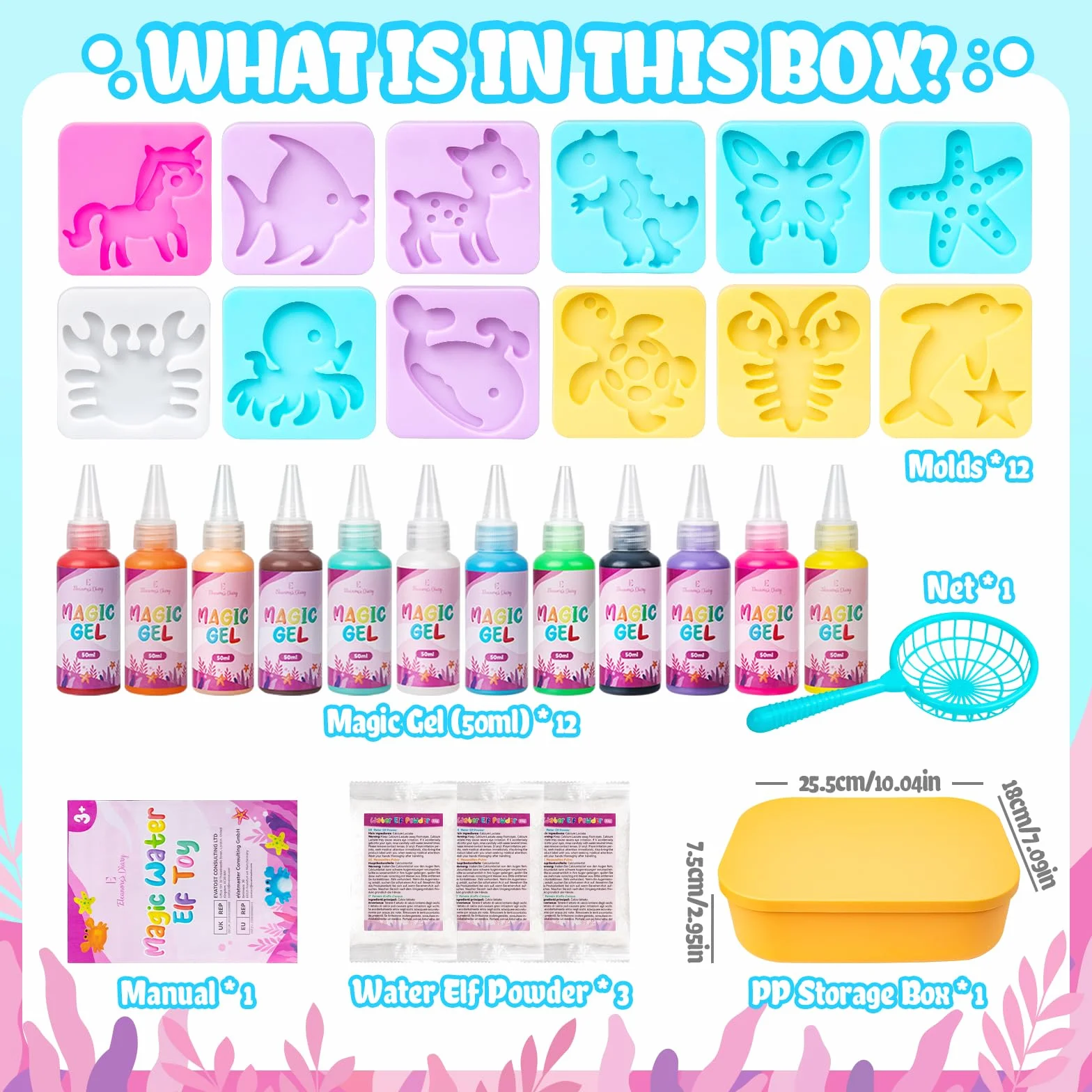 Eleanore's Diary Aqua Gelz Creative Set, Magic Water Elf, Aquagelz 3D Creative Set de Geles Mágicos Océano, Kits de dibujo para Niños con 12 Botellas de Gel de Color y 12 Formas, Juego Dibujo Niños