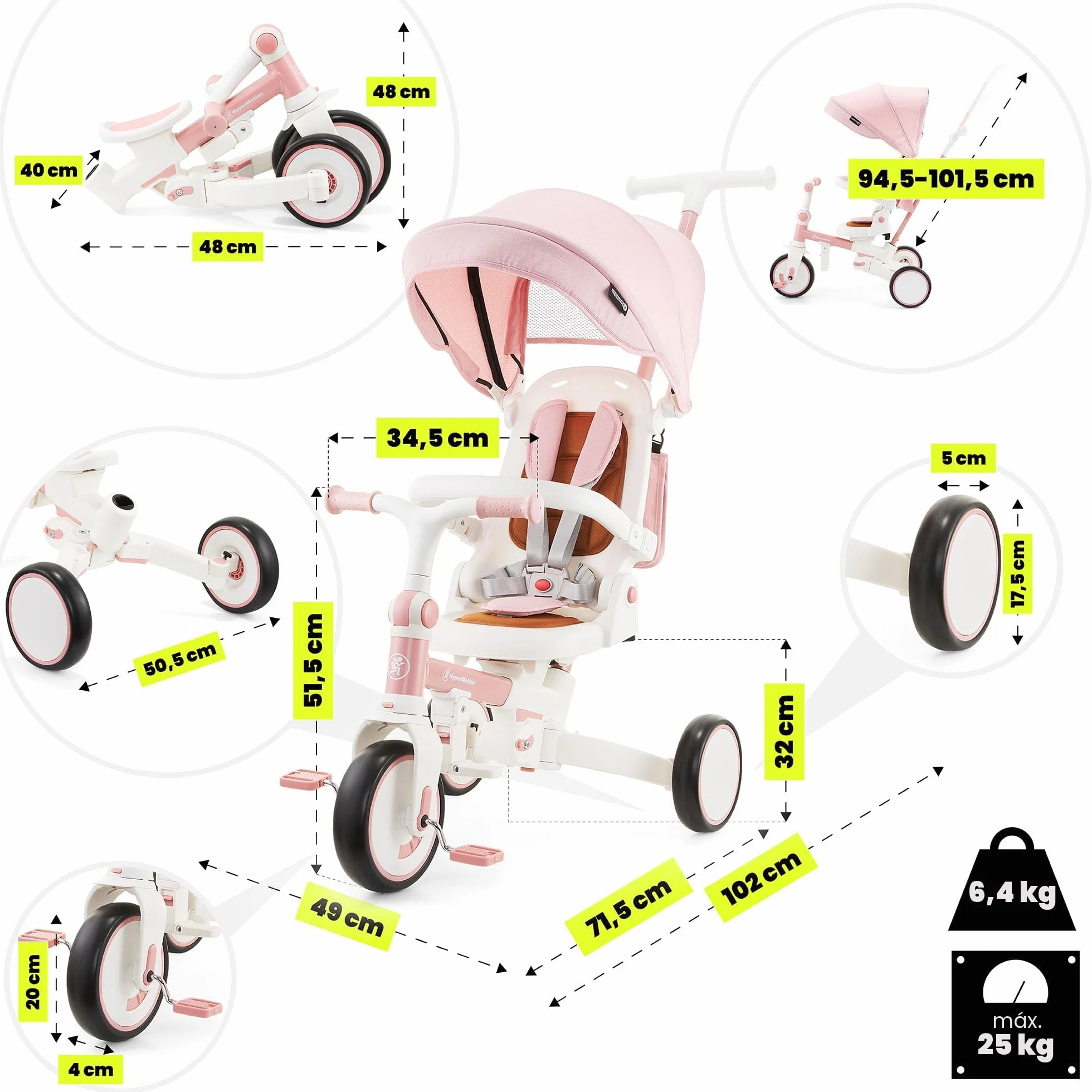 HyperMotion Triciclo Evolutivo 8 en 1 Rosa – Triciclo Bebe Plegable y Reclinable con Asiento 360° y Capota – Arnés, Barra de Empuje – Trike para Niñas de 1 a 5 Años
