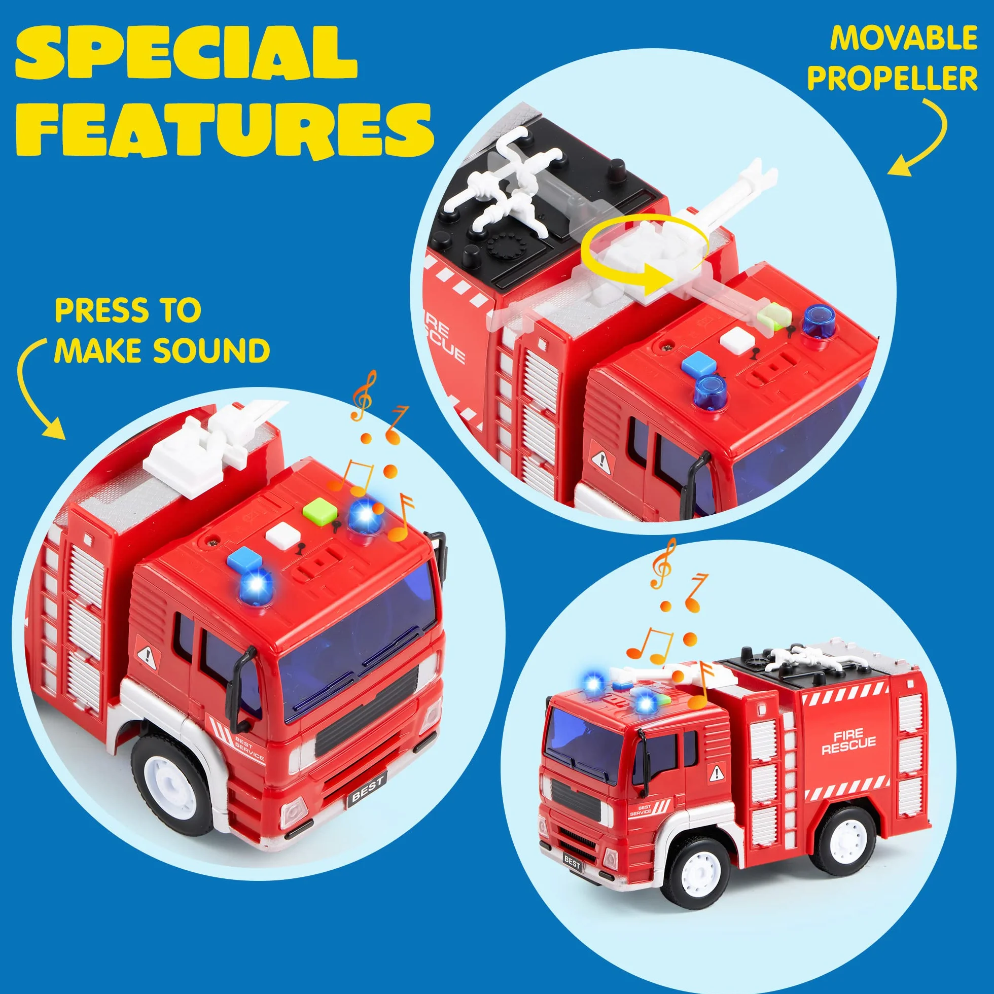 JOYIN Juego de 4 héroes urbanos impulsados por fricción Que Incluye camión de Bomberos, Ambulancia, Coche de policía y helicóptero, vehículos de Emergencia con luz y Sonido