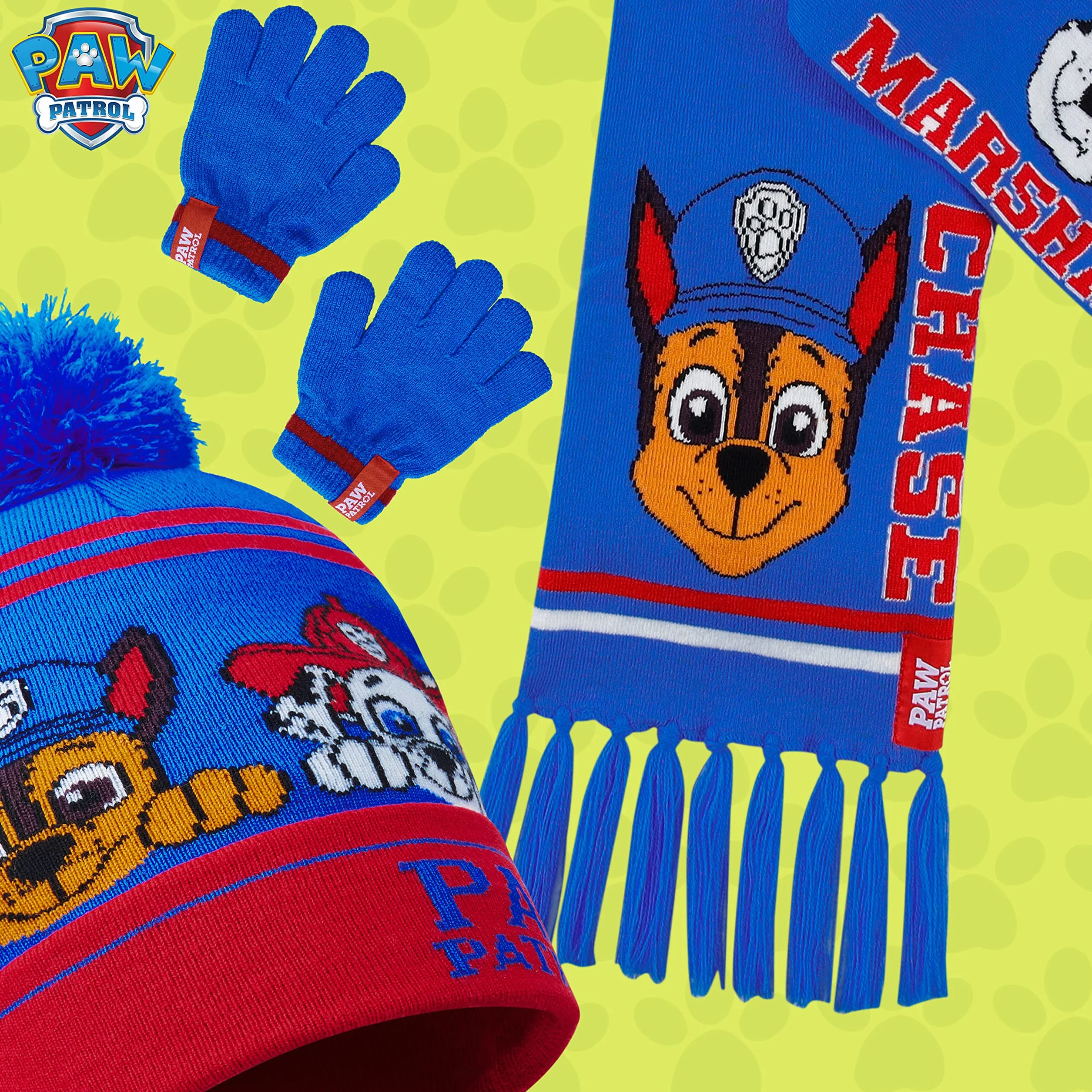 Paw Patrol Set de Invierno 3 Piezas Gorro Pompón Bufanda Guantes para Niños