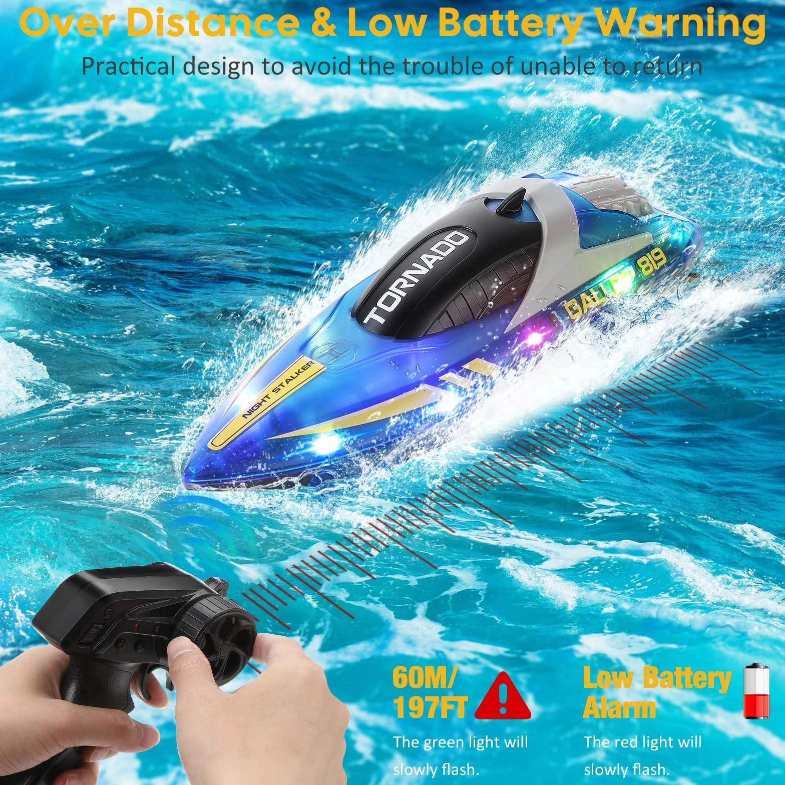 Coikes Barco a control remoto para niños y adultos, con luces LED, 2.4 GHz, alta velocidad, 15 km/h, doble hélice, lanchas de carreras para piscinas y lagos, juguetes de piscina recargables, regalos