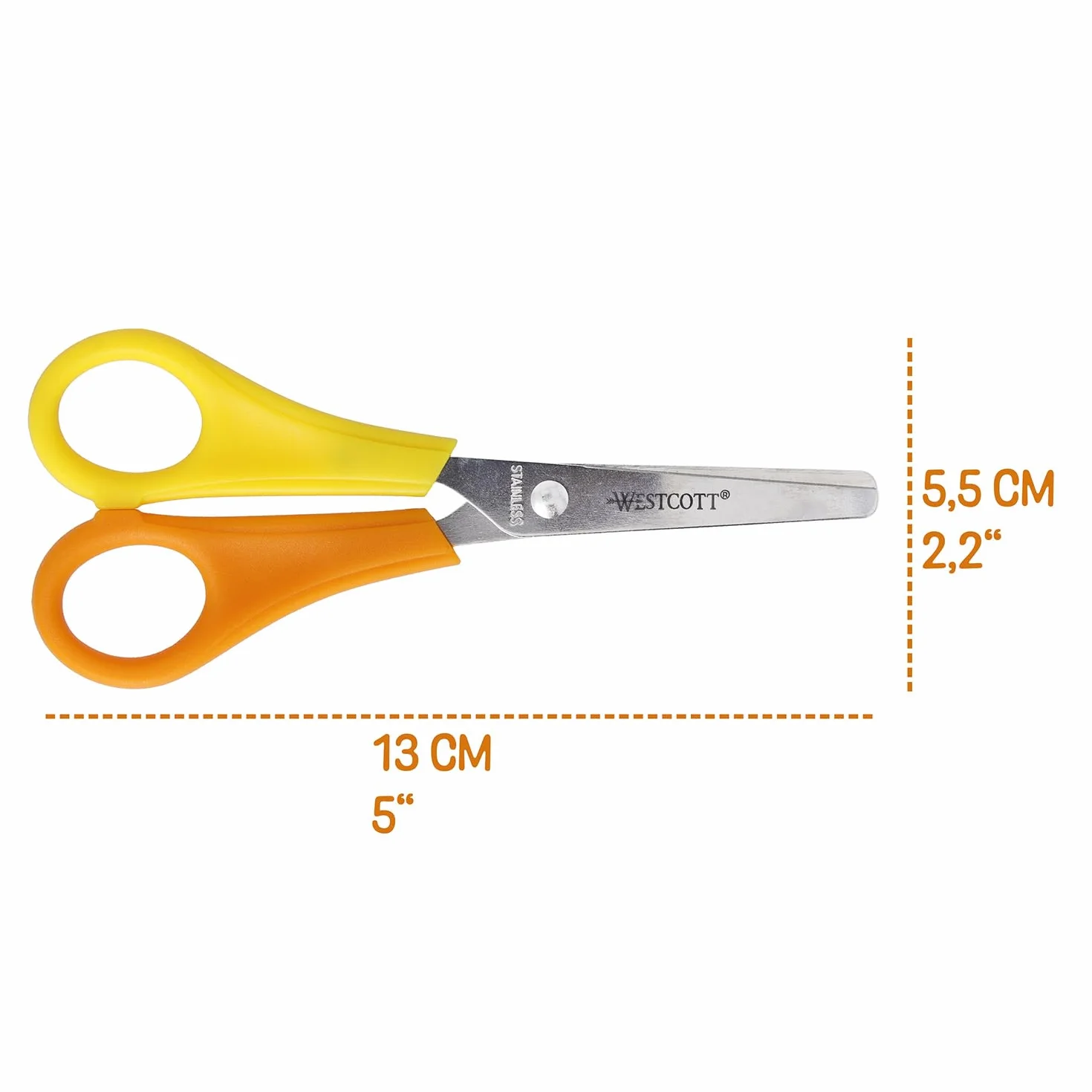 Westcott Tijeras para niños zurdos amarillas | Tijeras con escala integrada de 5 cm | Tijeras para manualidades de 13 cm (5") ideales para manos infantiles | Punta redondeada | E-21593 00
