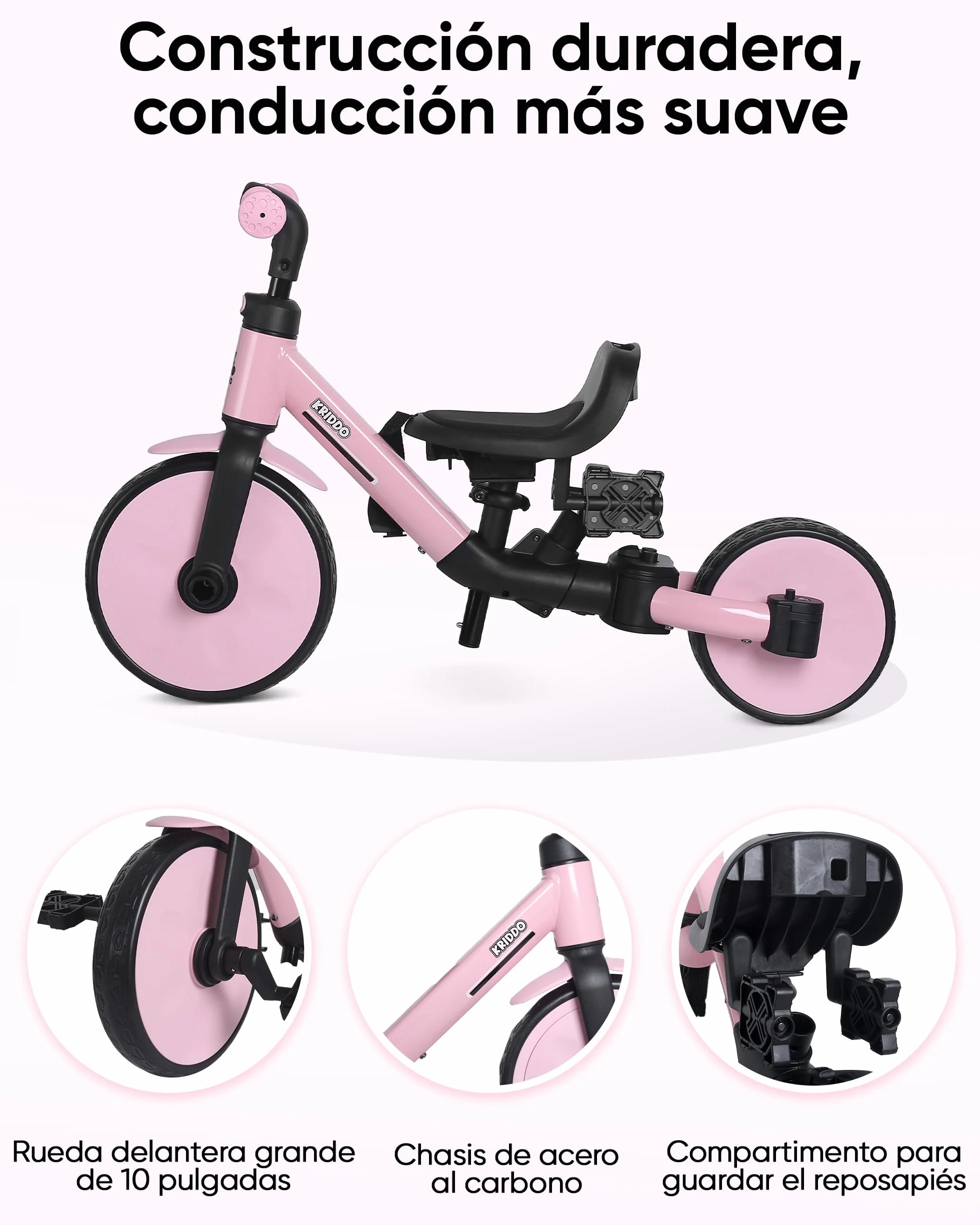 KRIDDO Triciclo Evolutivo 8 en 1 para Niños de 18 Meses a 5 Años, con Barra de Empuje, Triciclo y Bicicleta con o sin Pedales, Arnés de 5 Puntos Mejorado, Capota Plegable y Bolsa, Rosa
