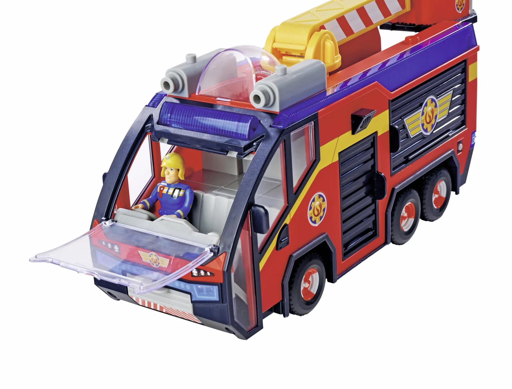 Simba 109252595 Figura de Júpiter Bombero, camión de Bomberos, Sam y Radar, Efectos de luz, Sirena, Escalera giratoria, Flechas de Agua, Plataforma para Quad, 32 cm, Accesorios, a Partir de 3 años