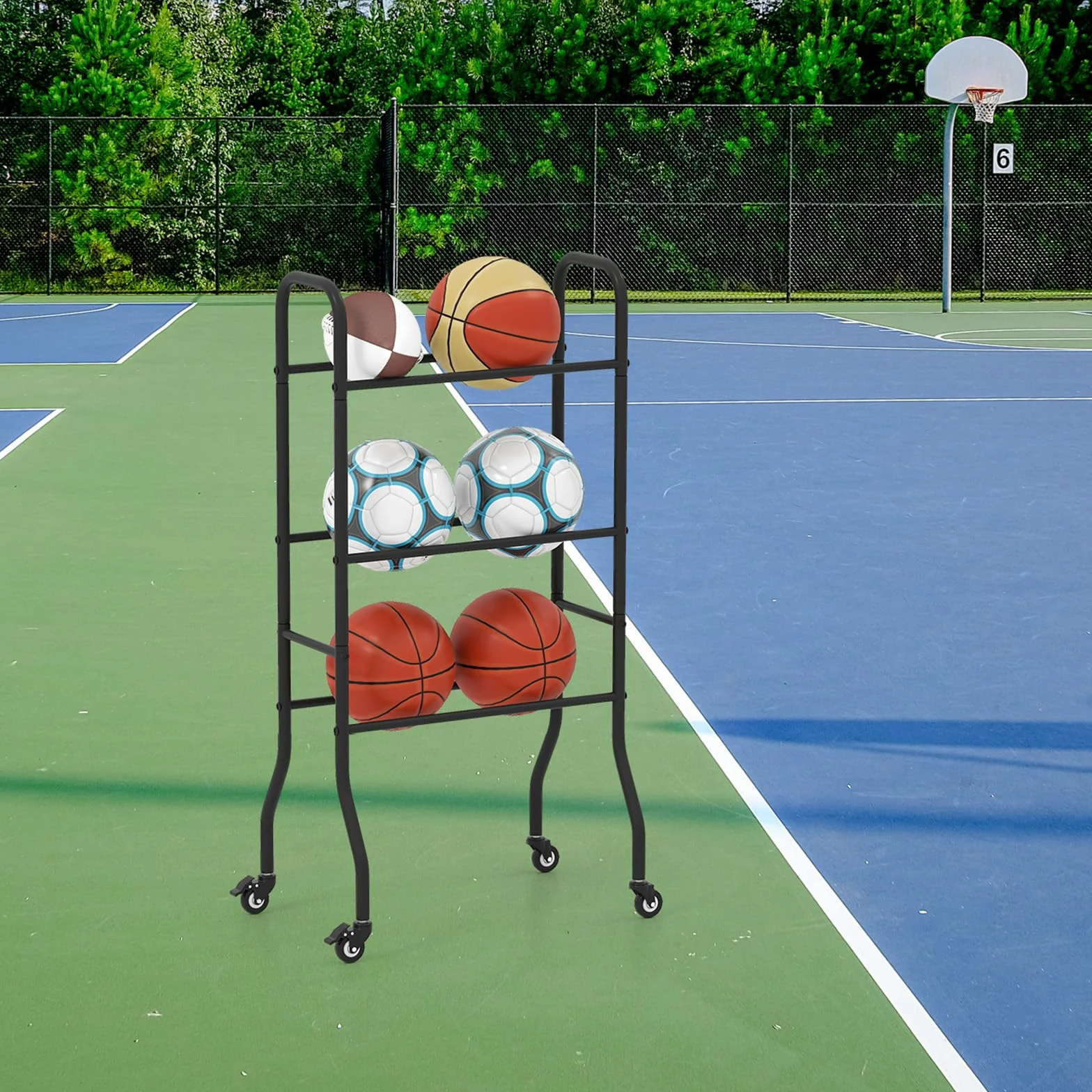 GOPLUS Estantería para Balones con Ruedas Bloqueables, Carro 3 Niveles, Almacenamiento para Baloncesto