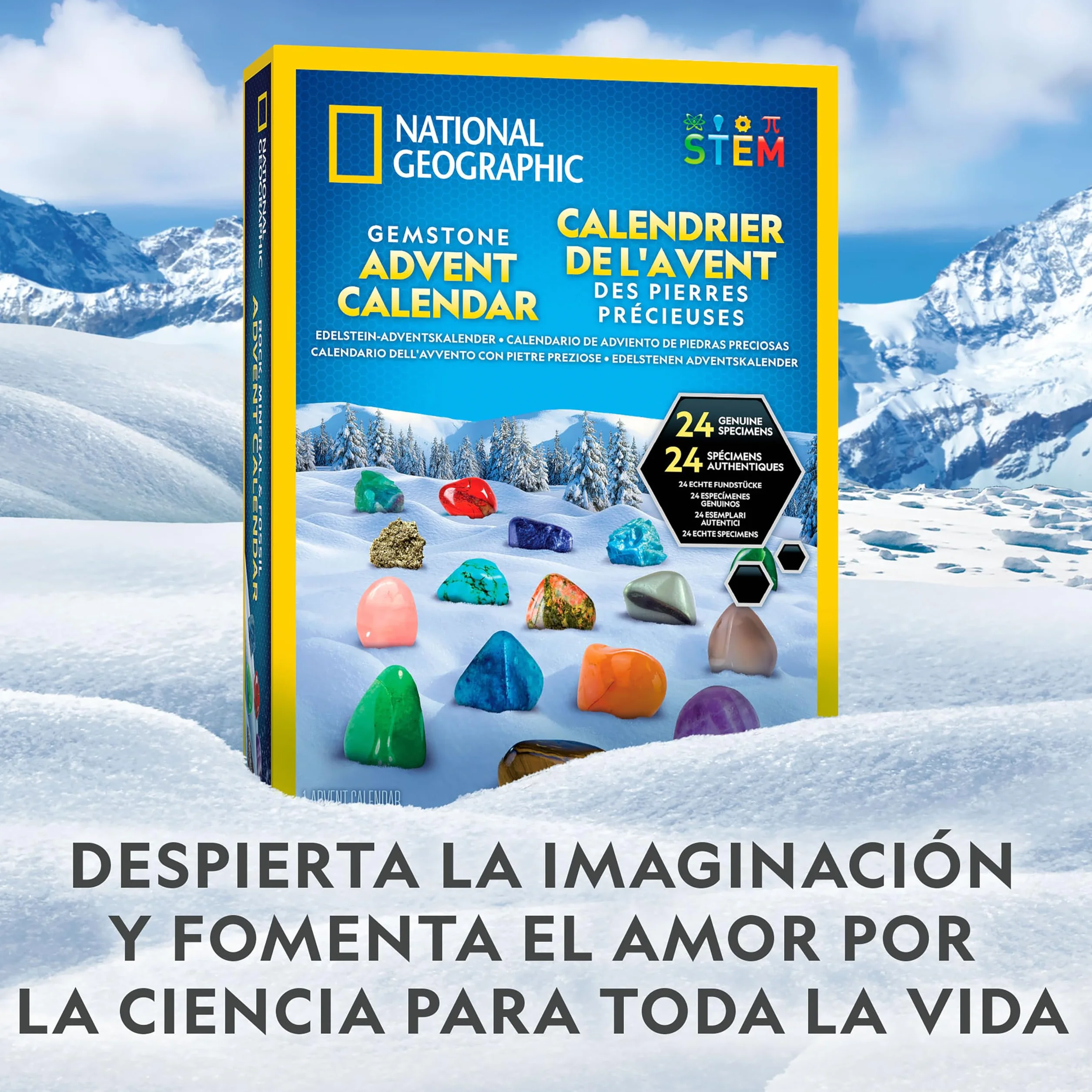 NATIONAL GEOGRAPHIC 2025 Calendario de Adviento de Gemas - Calendario para Niños con 24 Gemas para Abrir Cada Día, Colección de Rocas, Cuenta Atrás de Navidad con Mini Kit de Excavación de Gemas