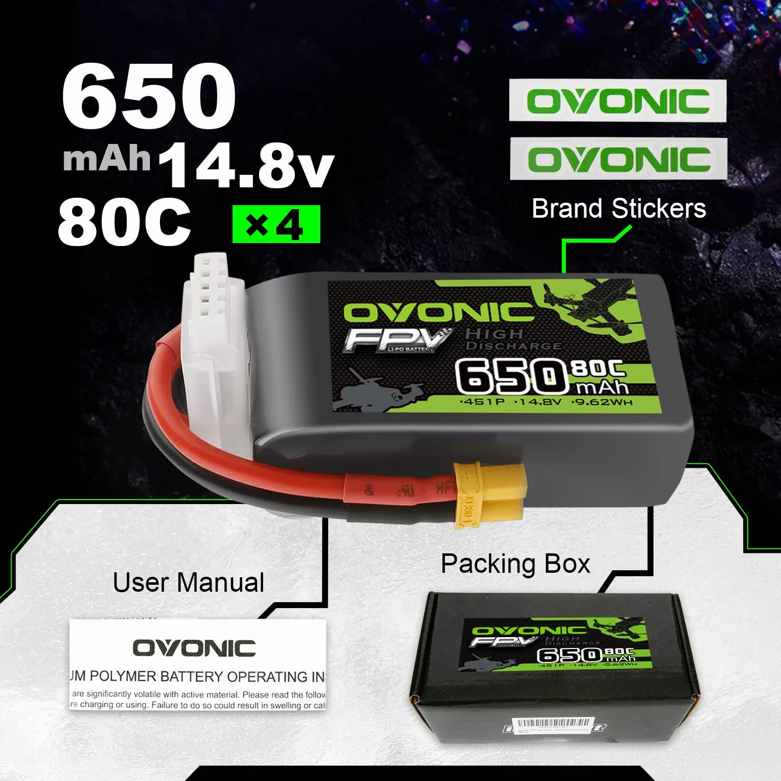 OVONIC 4s Batería Lipo 80C 650mAh 14.8V XT30 para RC Avión Quadcopter Helicóptero FPV Drone (4 Piezas)
