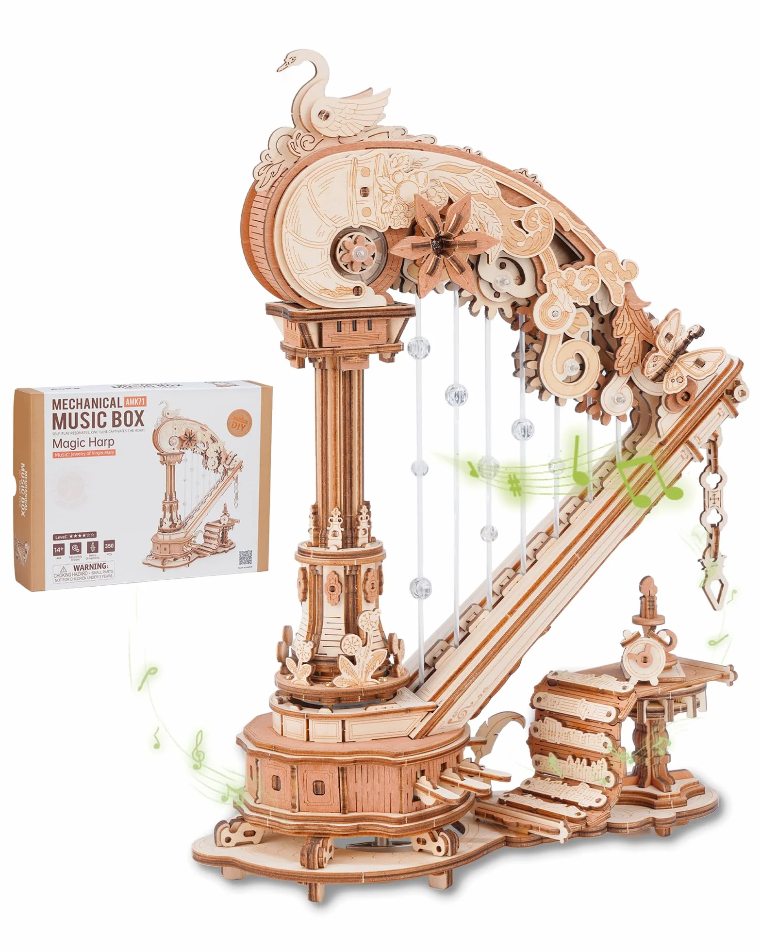 ROBOTIME Puzzle 3D de Madera Arpa con Caja de Música, Kit DIY Mecánico con Engranajes en Movimiento, Maqueta para Adultos, Regalo Creativo y Decoración Hogar