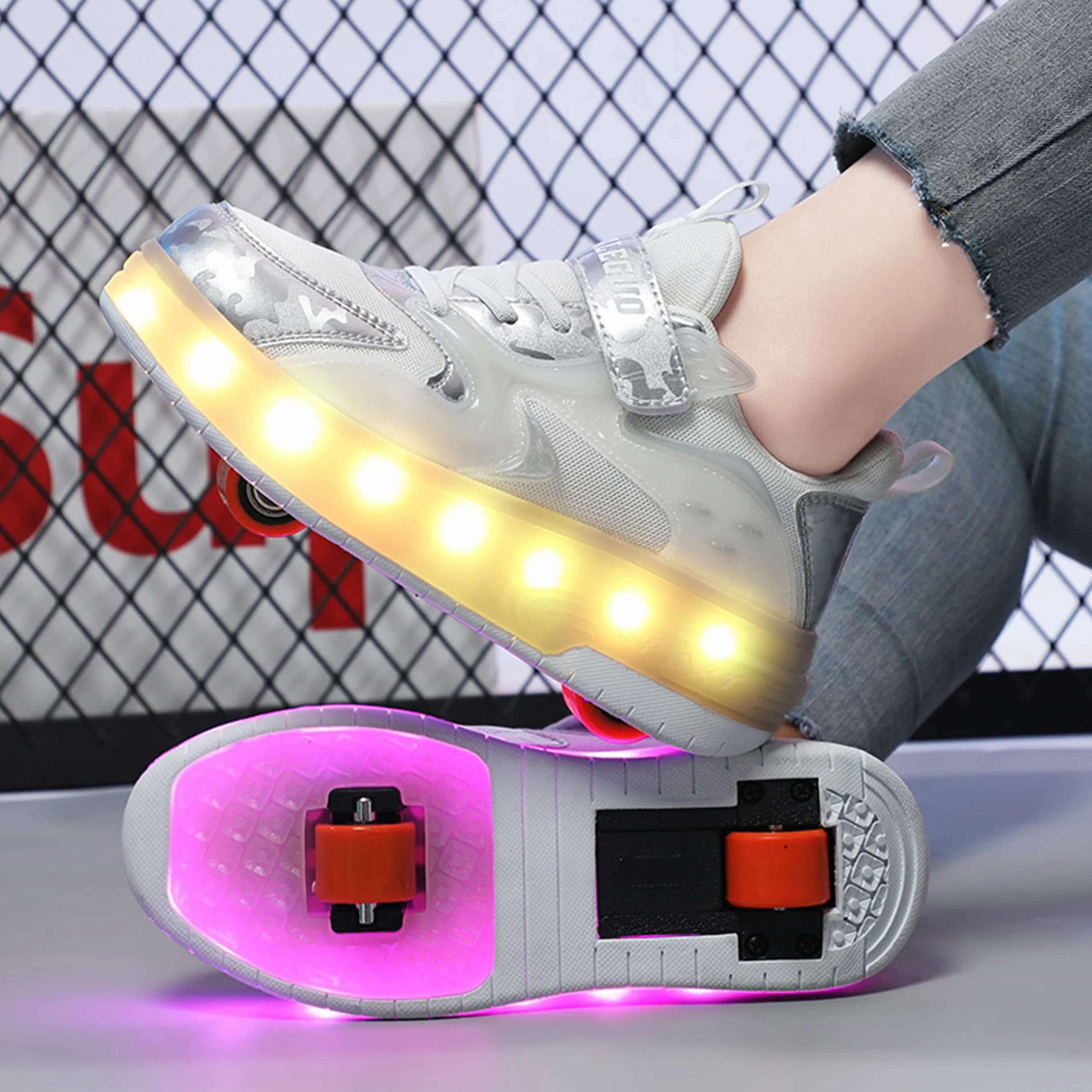 Zapatillas con Ruedas LED para Niños y Niñas, Patines de Skate con Dos Ruedas, Carga USB, Color Cambiante