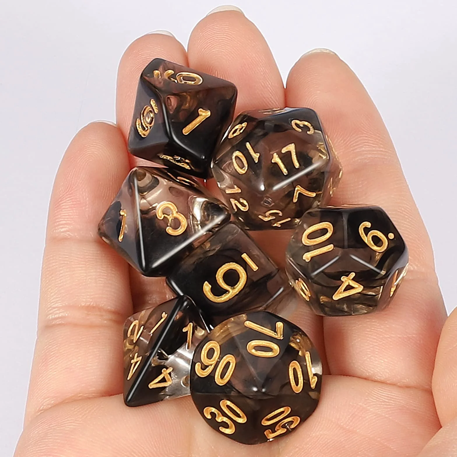 QMAY DND - Juego de dados poliédricos de 7 piezas para Dungeon and Dragons MTG RPG D&D D20, D12, D10, D%, D8, D6, D4 (seda flotante negra transparente)