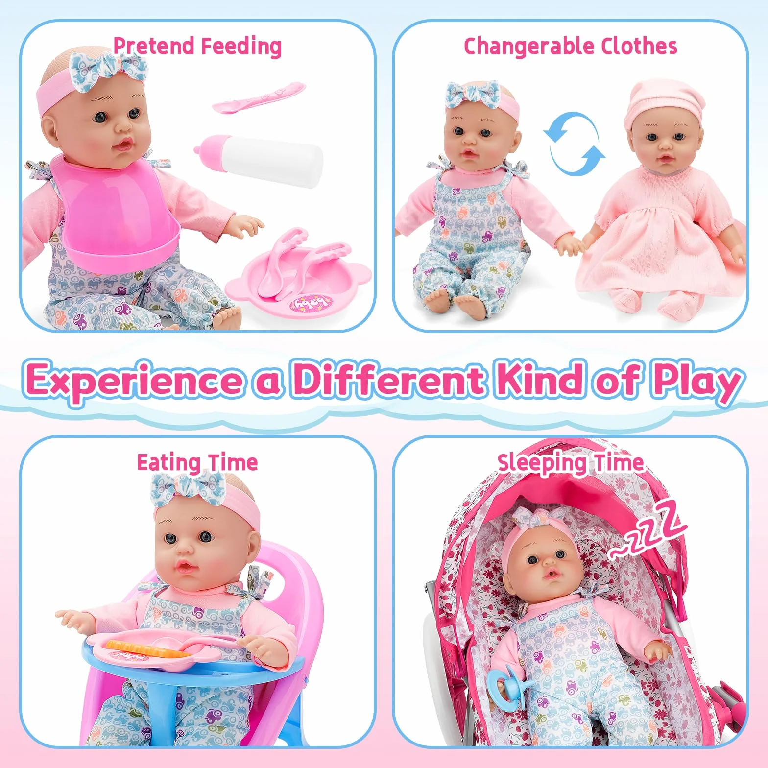 deAO Carrito Bebe Juguetes 31cm Muñecos Bolso Accesorios Ropa Muñecas