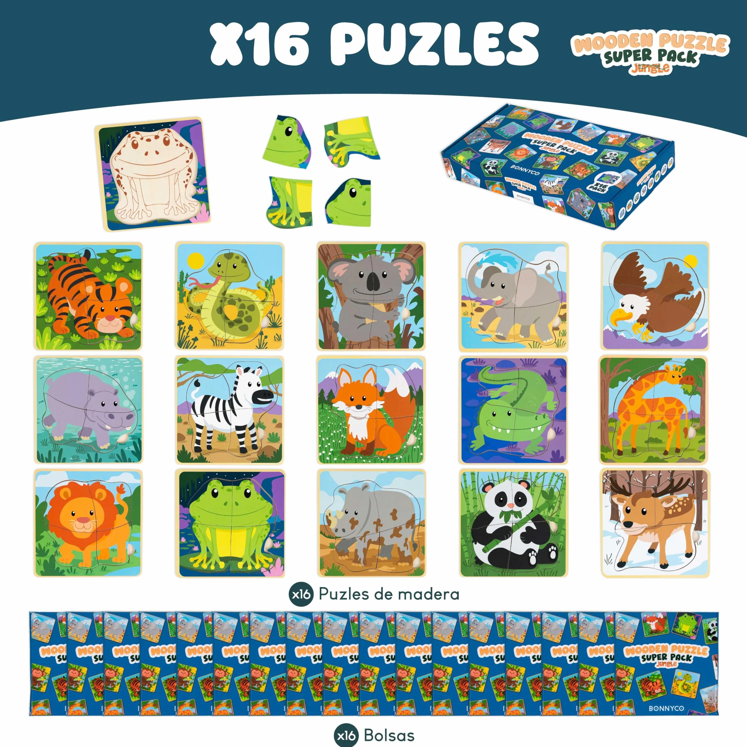 BONNYCO Puzzle Madera 4 Piezas Regalo Niños 1-5 Años Rompecabezas Infantiles