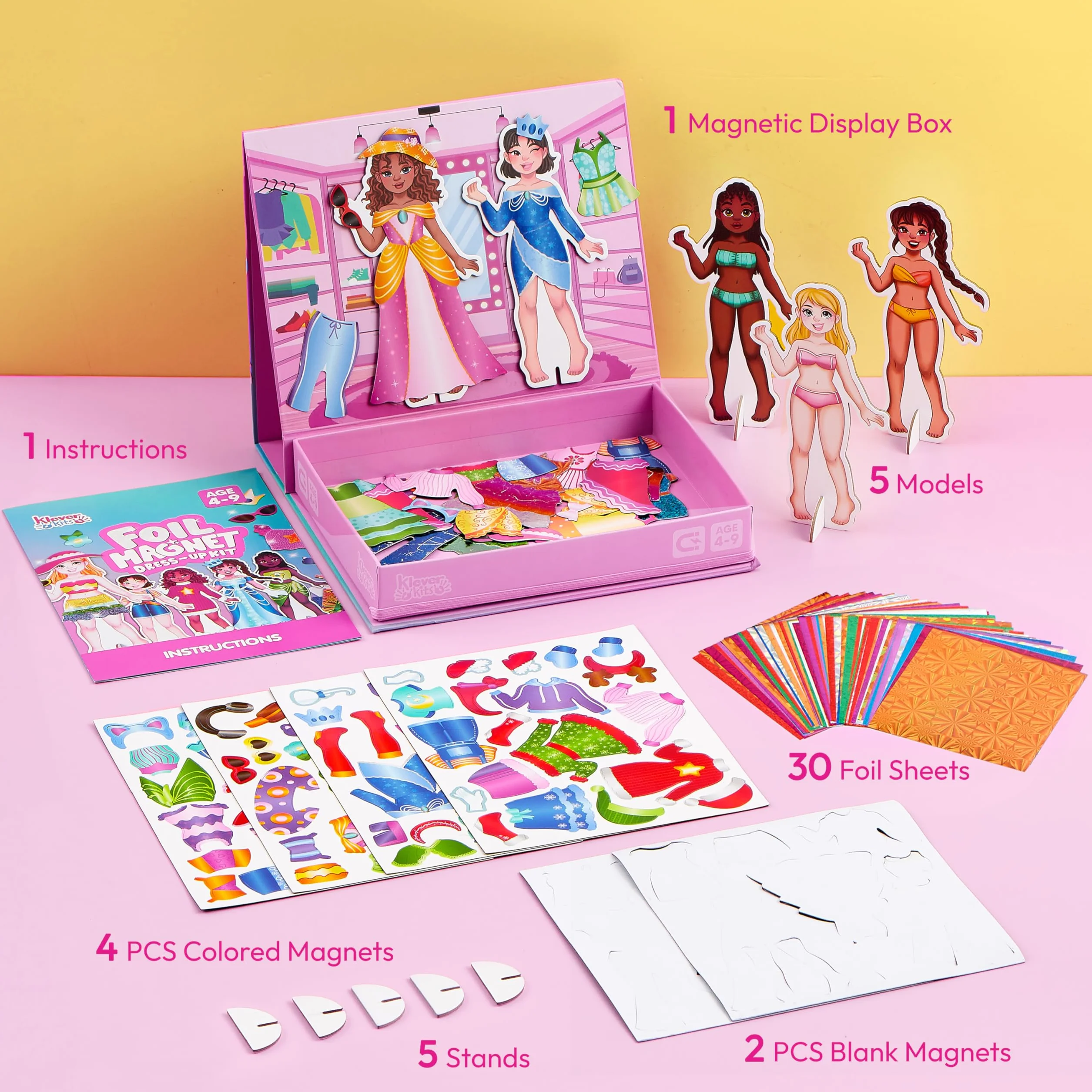 Klever Kits Muñecas magnéticas de vestir para niñas a partir de 4 años, juego de estilo de lujo con 5 muñecas de princesa, más de 60 trajes magnéticos y accesorios de aluminio, libro de actividades