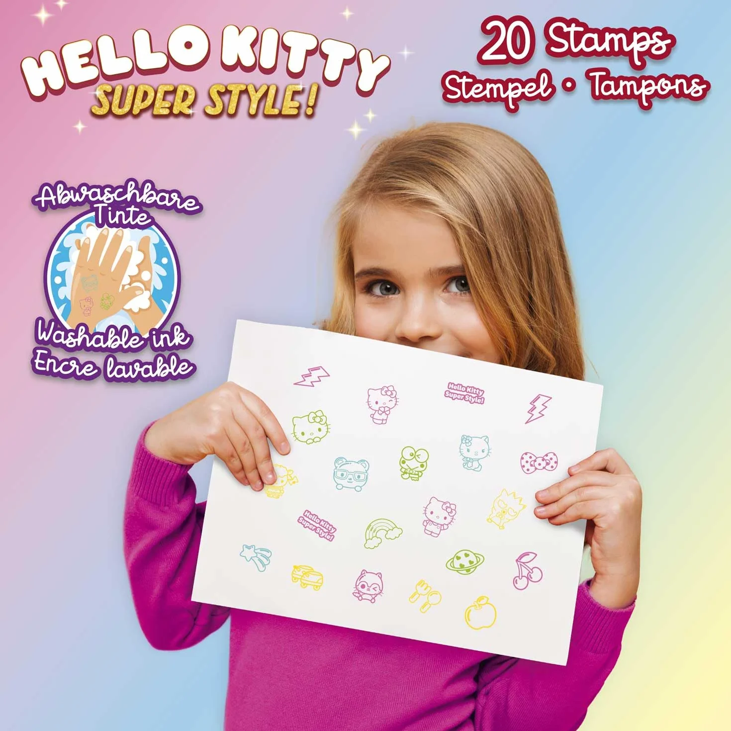 CRAZE 20 Sellos de Goma de Hello Kitty para Niños, Sellos Infantiles de 4 Colores, Incluye Bloc de Notas para Pintar, Tinta Lavable