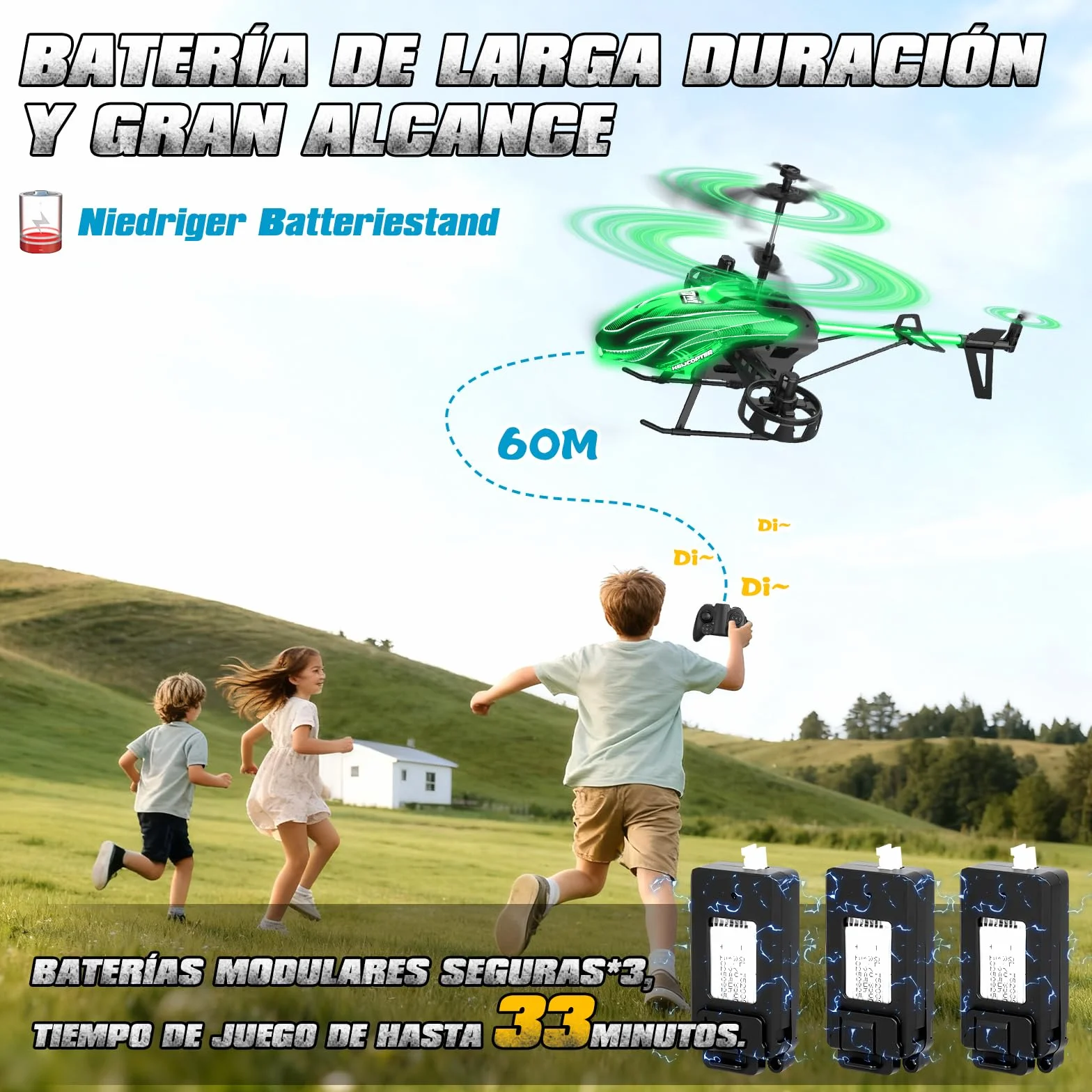 Charmofun Helicóptero Teledirigido 2.4G RC con 7 Luces, 3 Baterías, 33 Minutos Vuelo, 4.5 Canales, Giroscopio, Regalo para Niños 6+ Años Azul