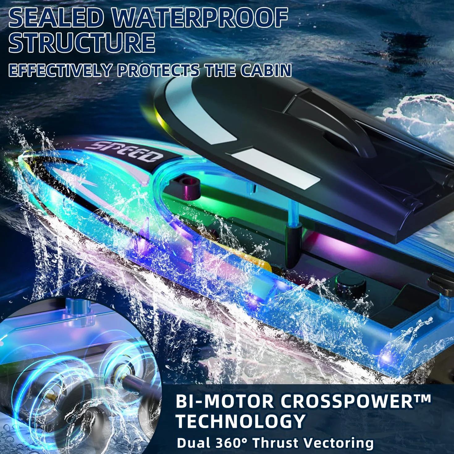 Barco teledirigido Rose con iluminación LED – Control 2,4G motorizado, impermeable y antivuelco – Lancha para niños, incluye 2 baterías