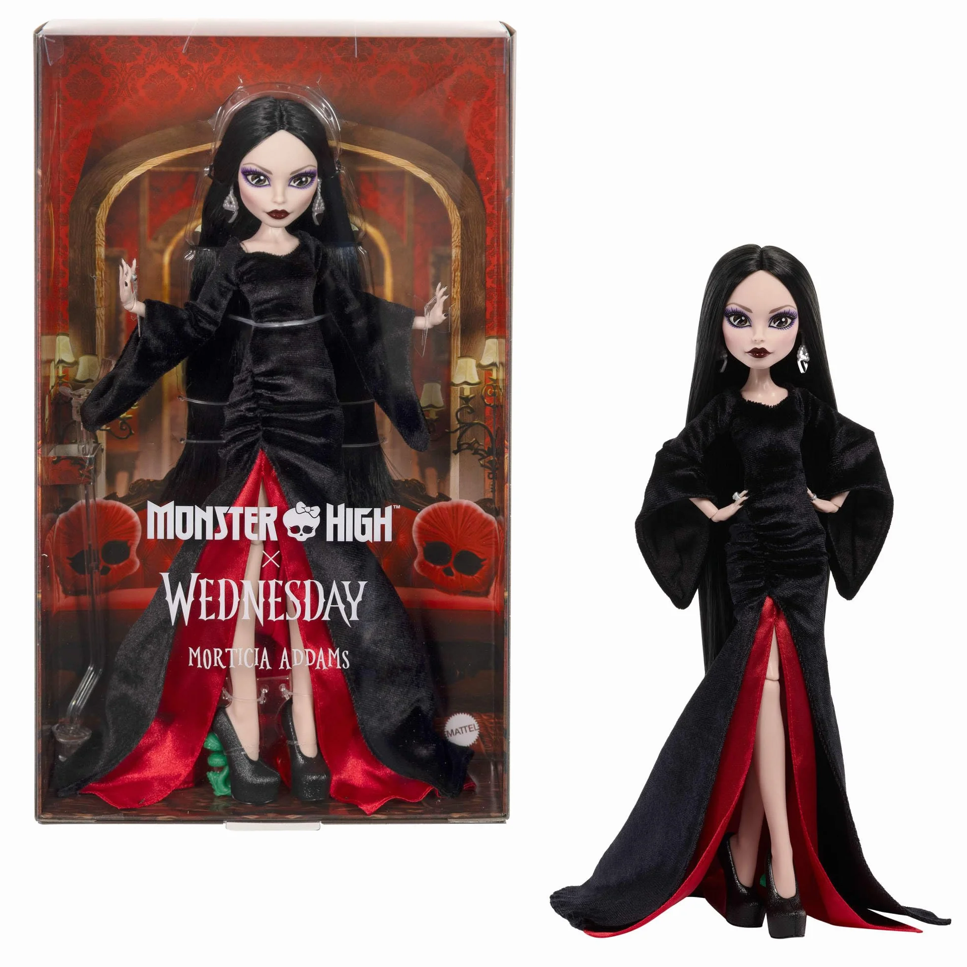 Monster High x Miércoles Muñeca Coleccionable de Morticia Addams con Vestido de Terciopelo Negro y carmesí con Joyas, Tacones inspirados en la Serie y Soporte para la muñeca, JLK99