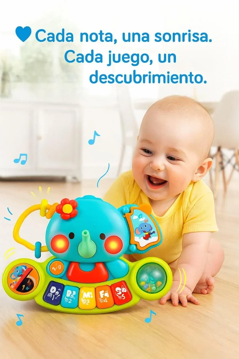 Hola - Piano Infantil de Juguete - con Luces y Sonidos Reales de Instrumentos Musicales - Juego Elefante Musical con Teclado y 7 Actividades - Juguete Sensorial y Educativo - Regalo Bebe +6 Meses