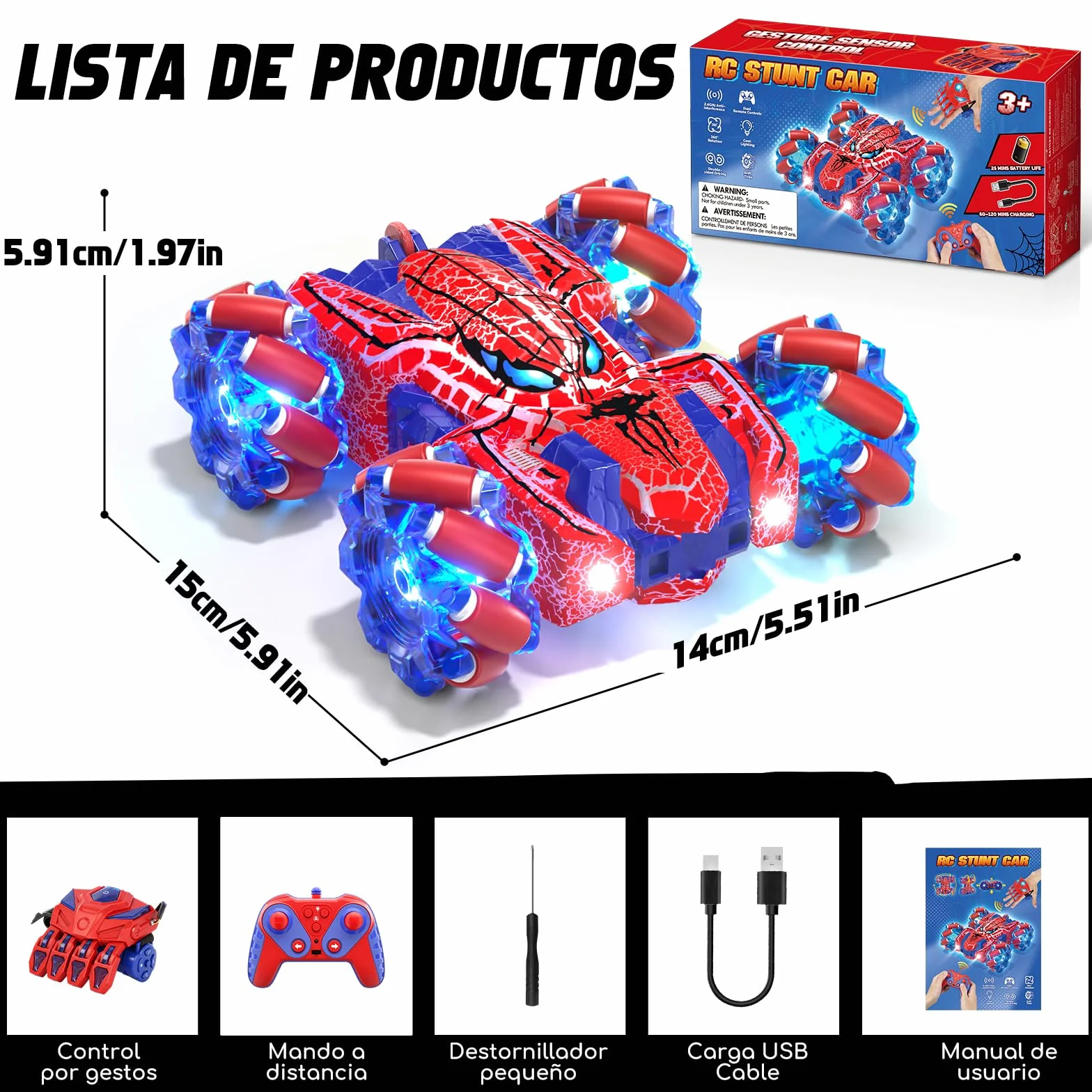 Spider Coche Teledirigido con Reconocimiento de Gestos a Partir de 4 5 6 7 8 9 10 11 12 años, Coches RC Doble Cara con Iluminación Completa, 2,4 GHz Coche Stunt RC Recargable con Mando a (Rojo)