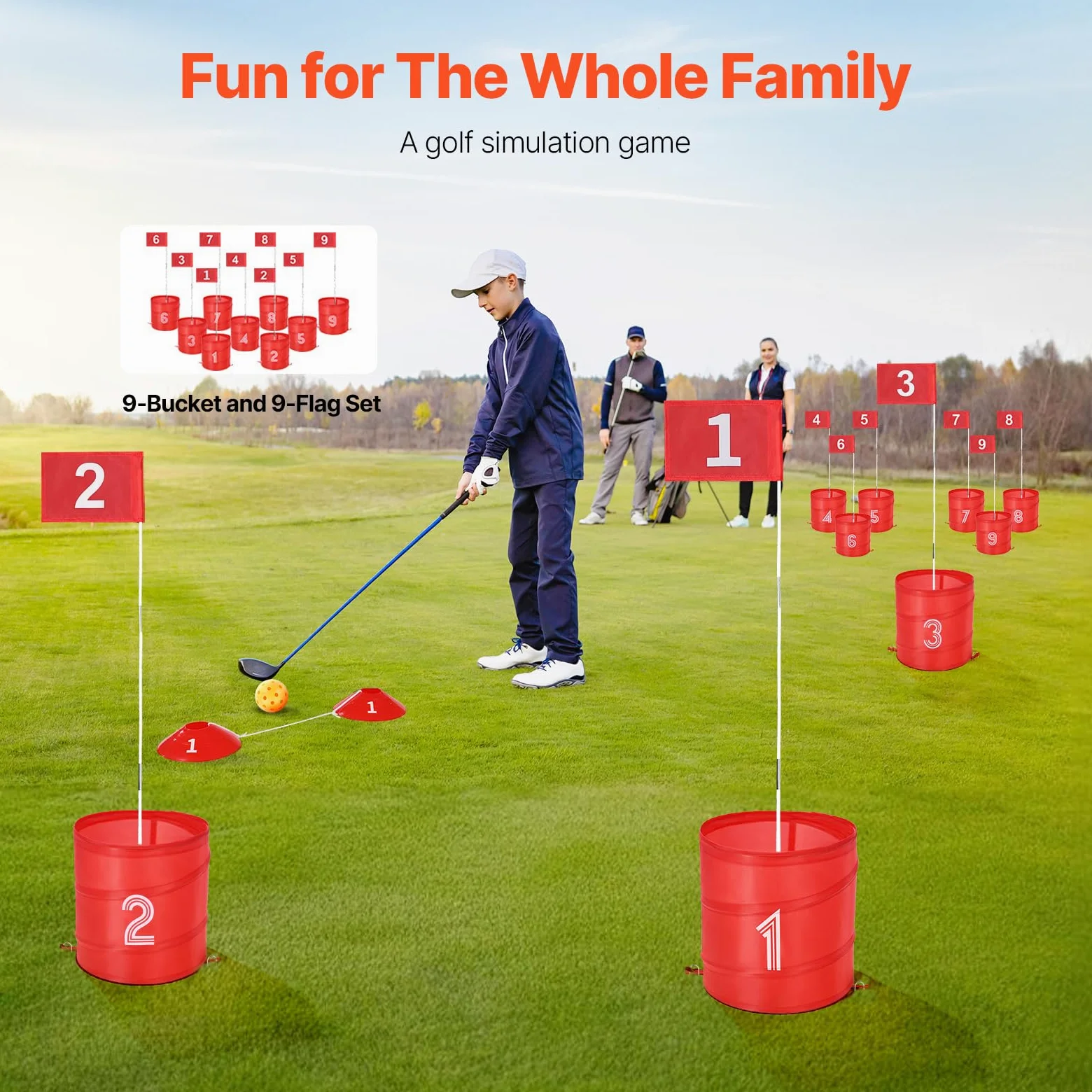 VEVOR Juego de Golf para Patio Campo de Golf de 9 Hoyos Juego de Práctica de Golf con Baldes Juego de Golf para Familias Juego de Golf Portátil para Exteriores para Césped, Patio, Campamento