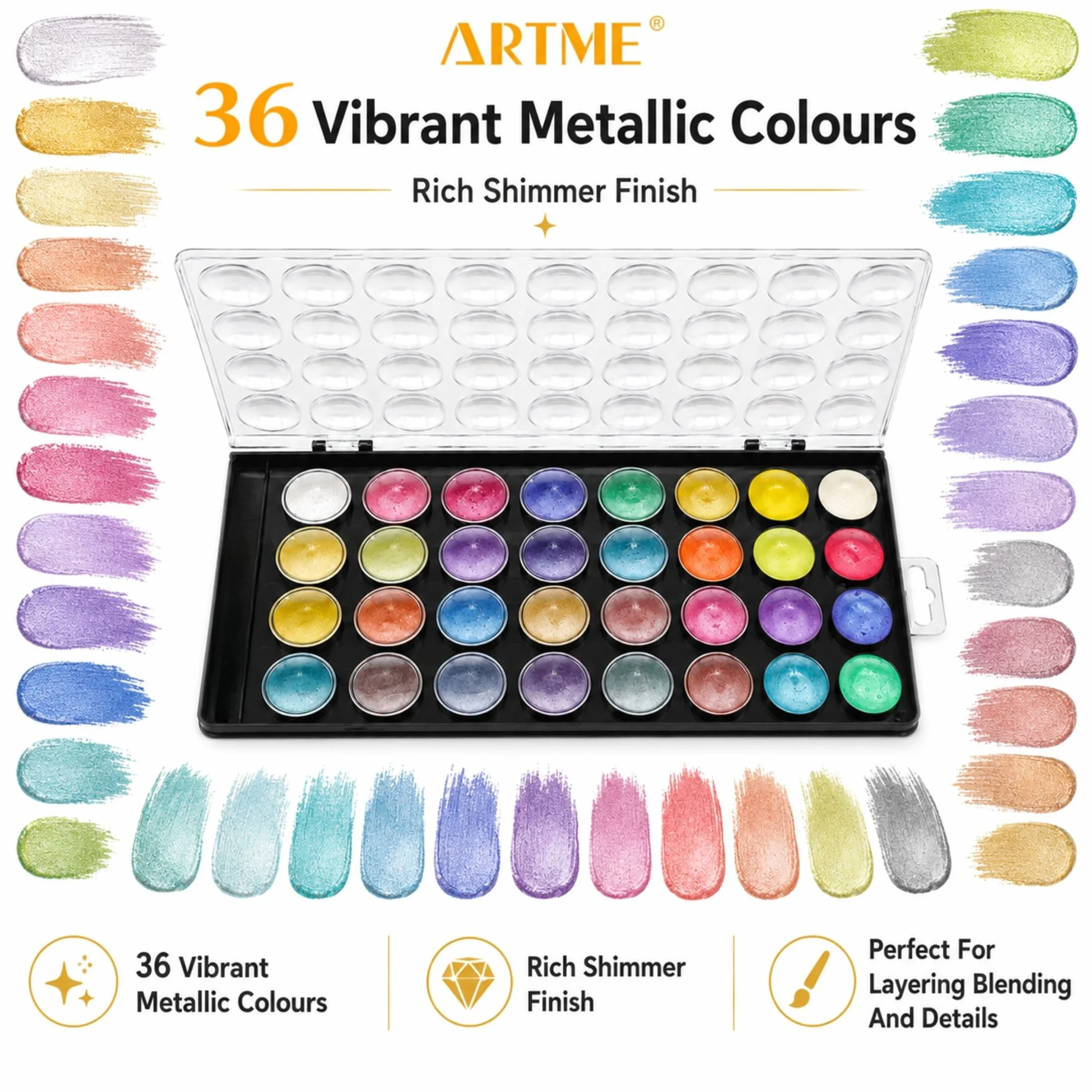 Artme Acuarelas/Paletas metálicas para pasteles de pintura de acuarela con un pincel de artista, 36 colores vibrantes