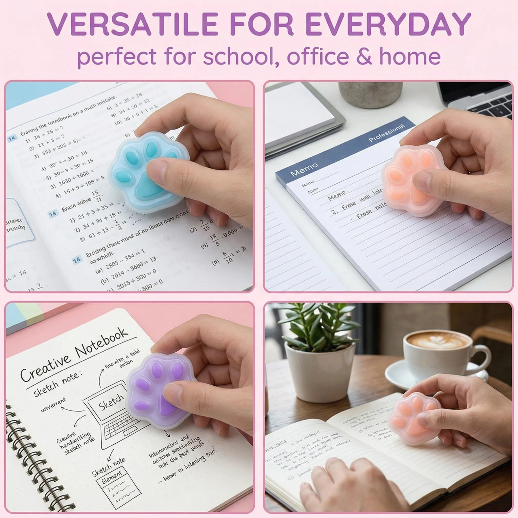 3 Piezas Gomas de Borrar con Forma de Patitas de Gato - Borrador para Bolígrafo de Gel y Borrador de Silicona para Tinta Térmica - Diseño Adorable para Material de Oficina