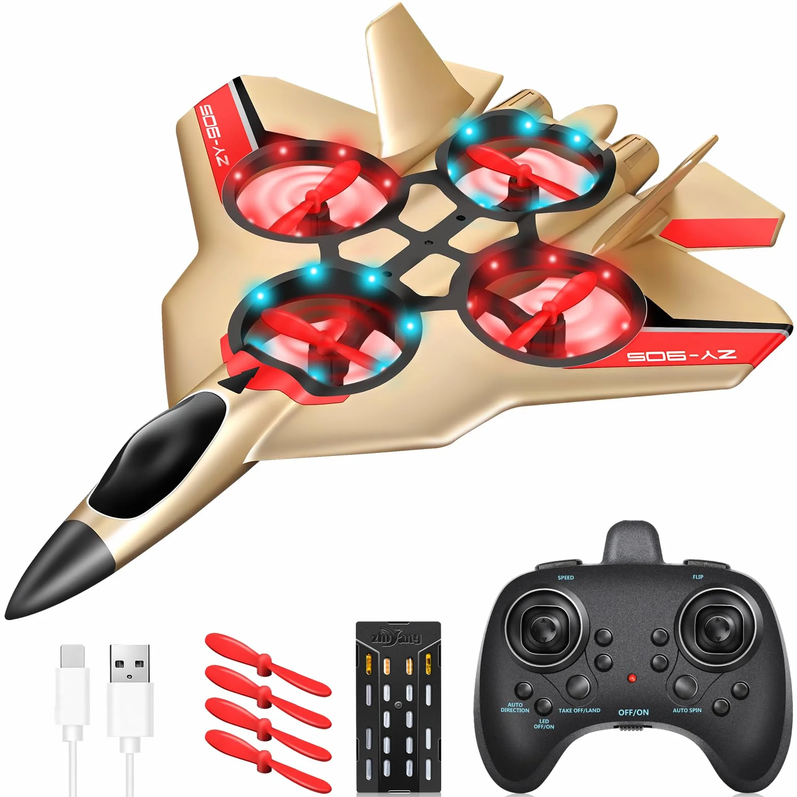 JONRRYIN Avión Teledirigido, 2.4 GHz Aviones de Radiocontrol con Baterías y Estabilizador de Giroscopio de 4 Ejes, Avión RC Juguete con Luz LED para Principiantes Niños Adultos (Gold)
