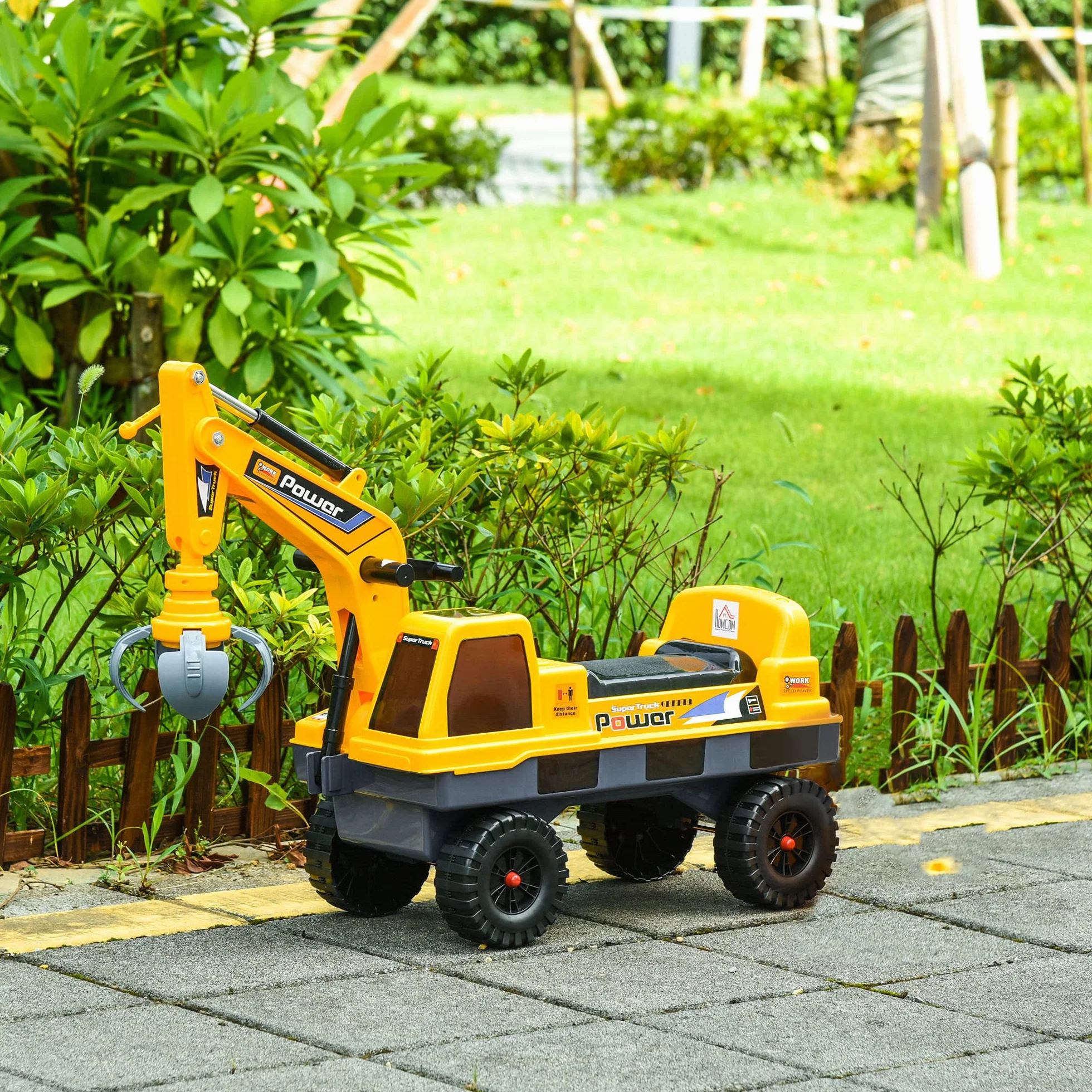 HOMCOM Tractor sin Pedales para Niños Excavadora Correpasillos con Pala Delantera Luces Música 90x28x58 cm Amarillo