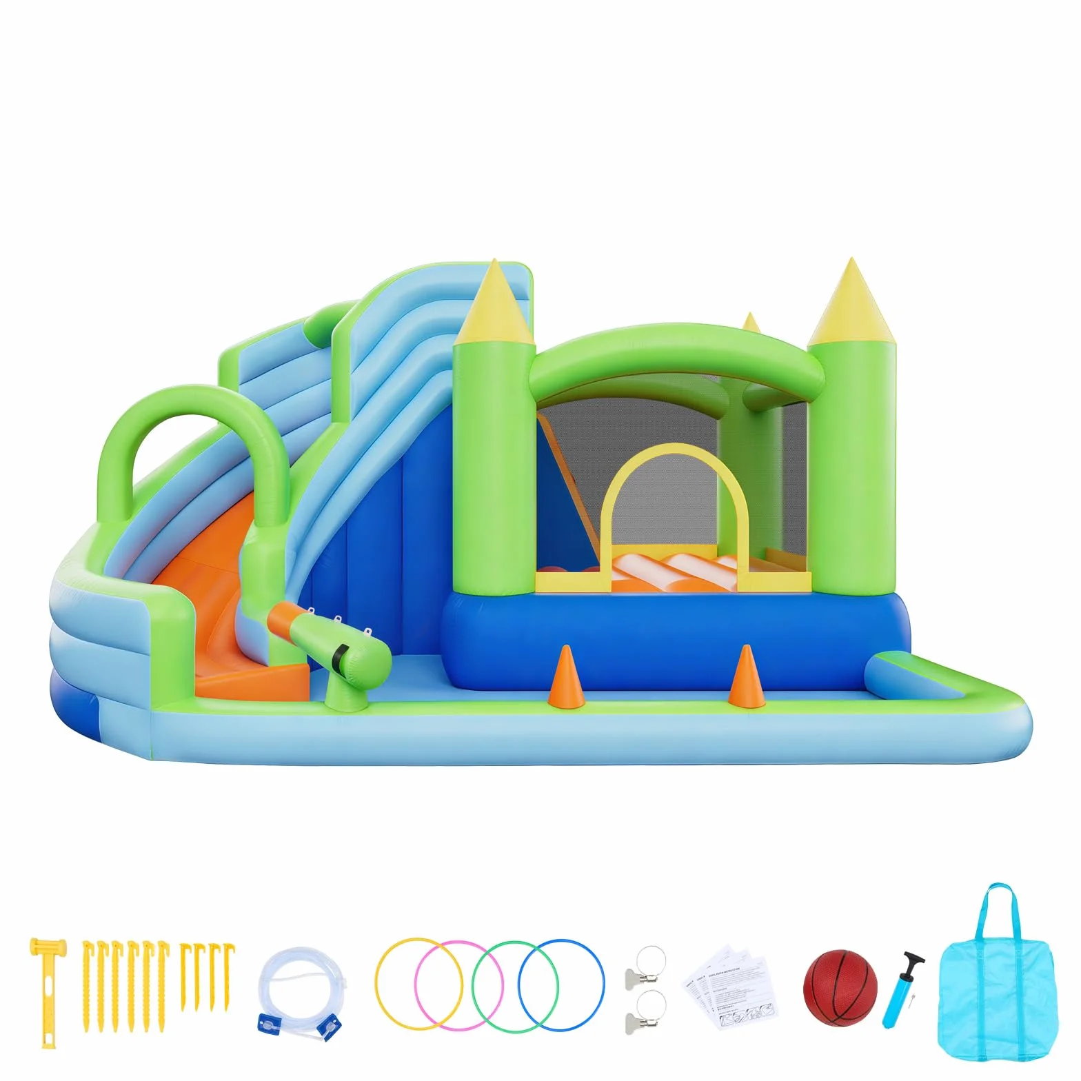 VEVOR Castillo Hinchable 344 x 374 x 213 cm, Parque Infantil Inflable con Tobogán Acuático, Aro de Baloncesto, Piscina de Chapoteo y Lanzamiento de Aros de Agua para 3 a 4 Niños de 3 a 8 Años