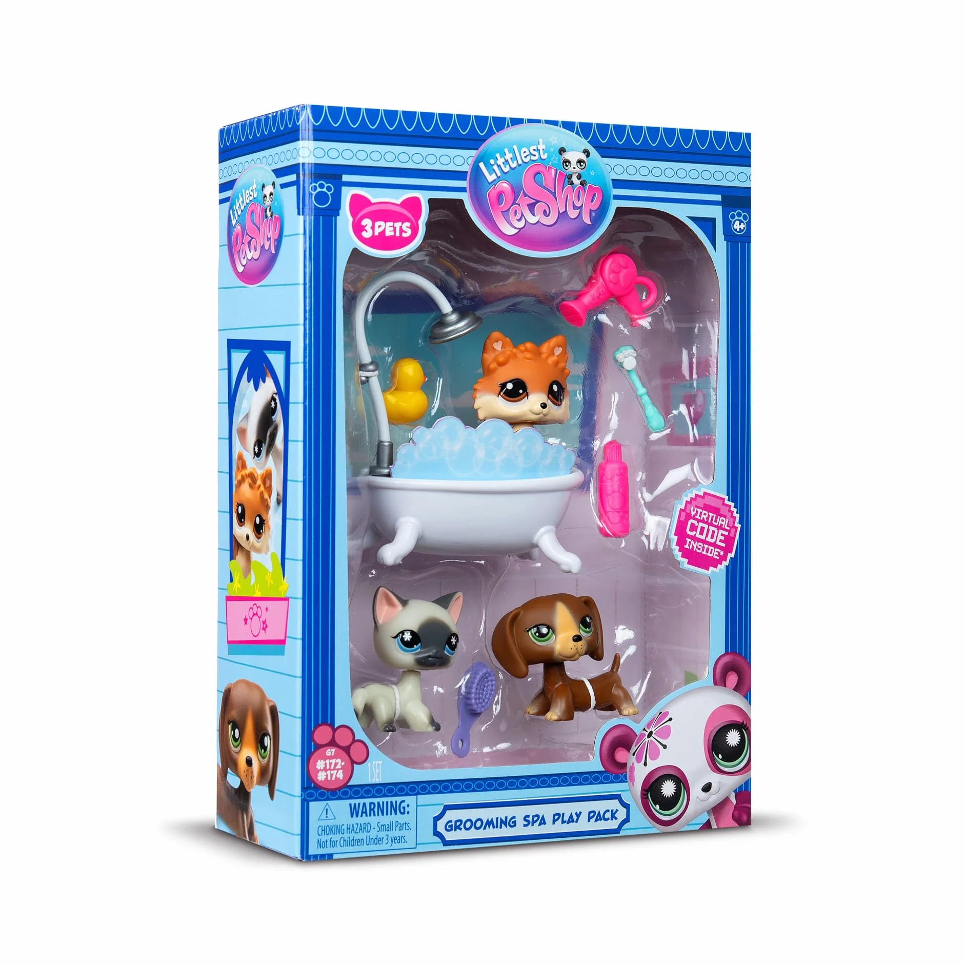 BANDAI - Littlest Pet Shop - DÍA DE SPA BF00638, 3 Mascotas, 10 Accesorios, 1 Tarjeta de coleccionista, 1 código Virtual, Generación 7 Mascotas 172, 173, 174, Figuras de LPS, a Partir de 4 años