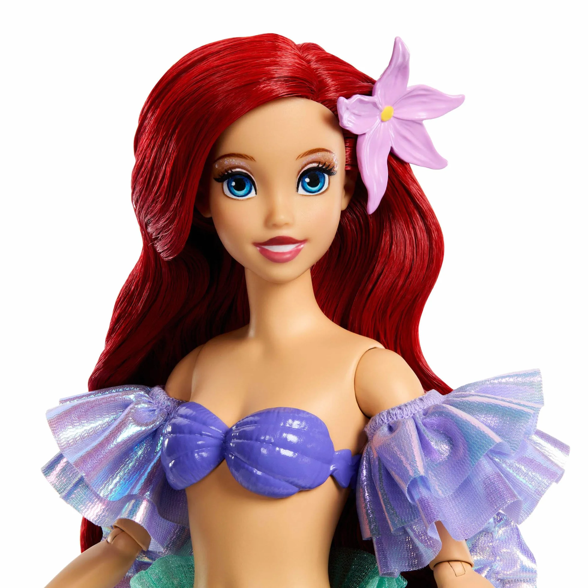 Mattel Disney Princesas Sparkling Princess Ariel Muñeca y Accesorio con Cola extraíble, Mangas y Pasador para el Pelo con Flor, Inspirada en la película, JLK25