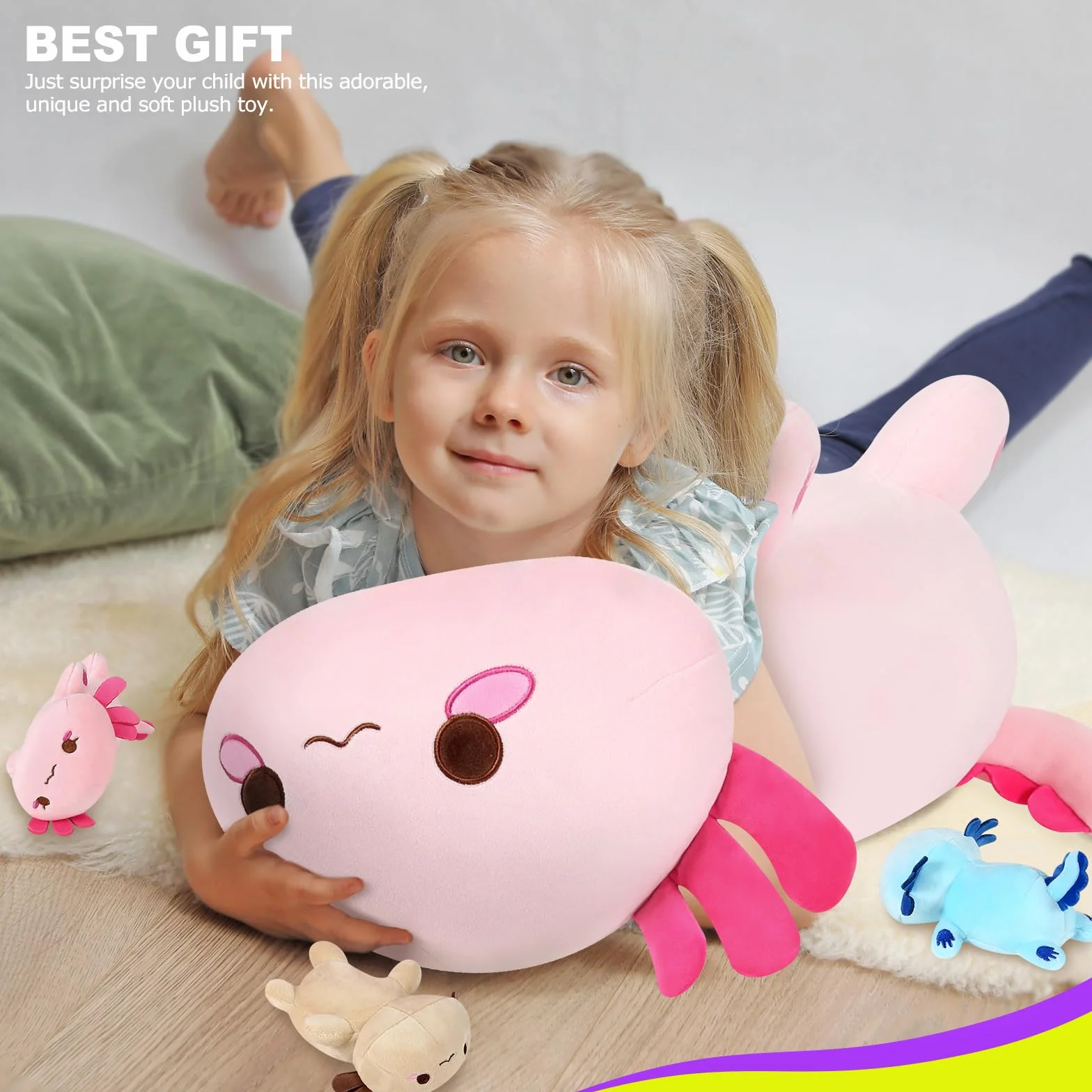 Shownicer Peluche de Axolotl Kawaii - Mamá y 3 Bebés Cojín de Felpa, Almohada Muñeca, Cojín de Lanzamiento - Regalo para Niños y Niñas