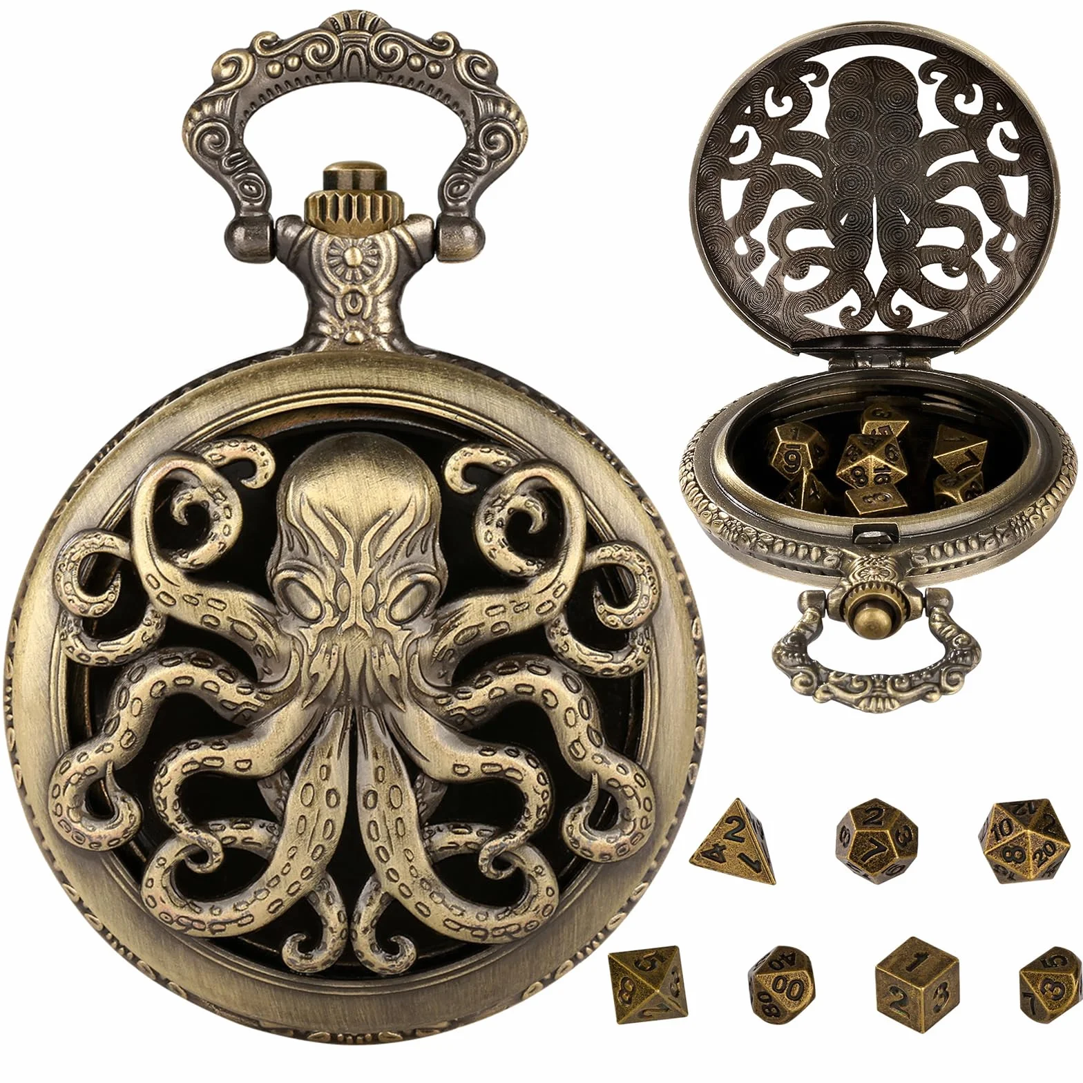 Mini Dados DND con Caja de Reloj de Bolsillo Steampunk Hueco Pulpo - 7 Piezas Poliédrico Metal D&D Juego de Mesa - Bronce
