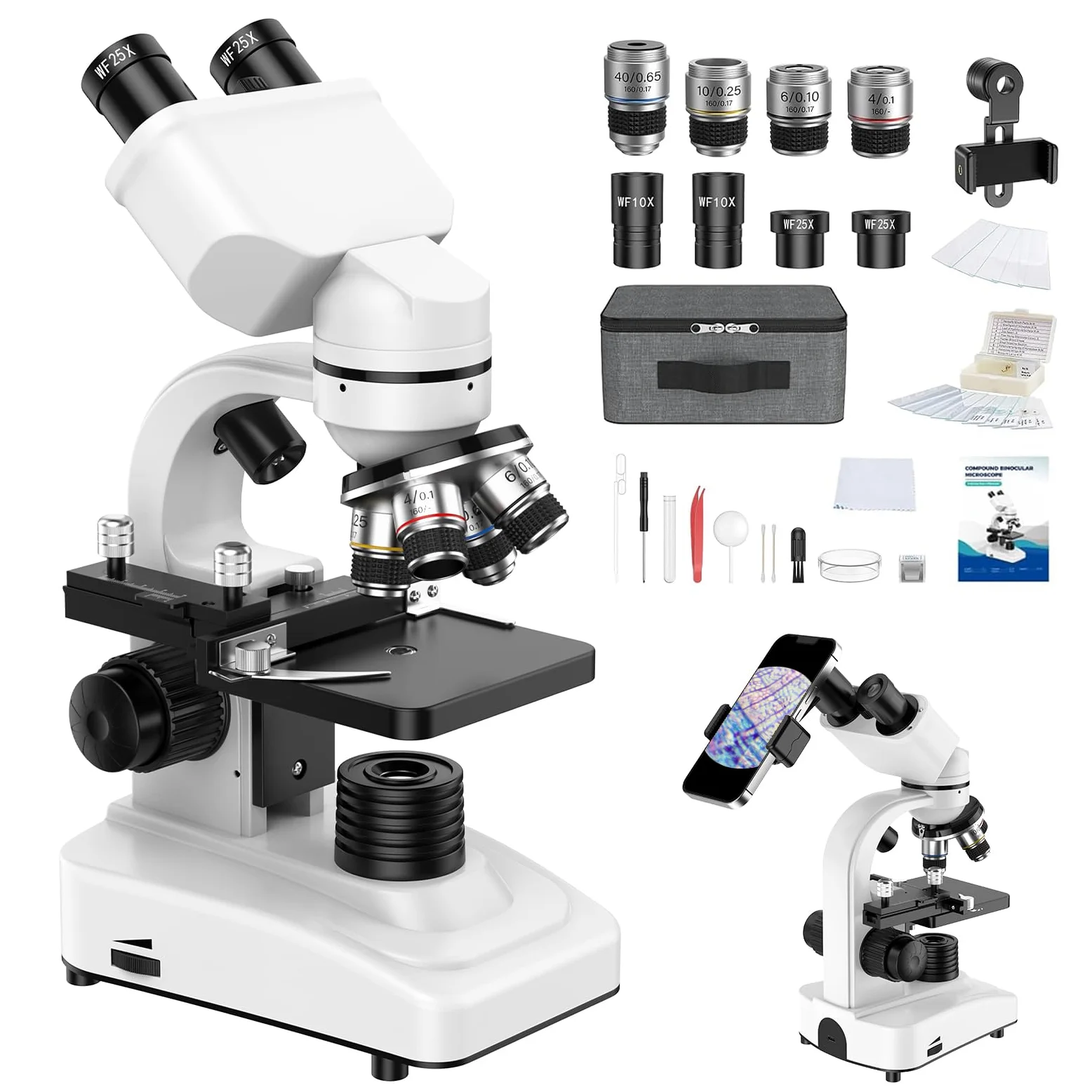 Microscopio Binocular Profesional para Estudiantes Y Adultos: 40x-1000x Cuerpo Metálico 2 Oculares WF Sistema De Iluminación Dual Accesorios Completos para Principiantes Y Estudiantes