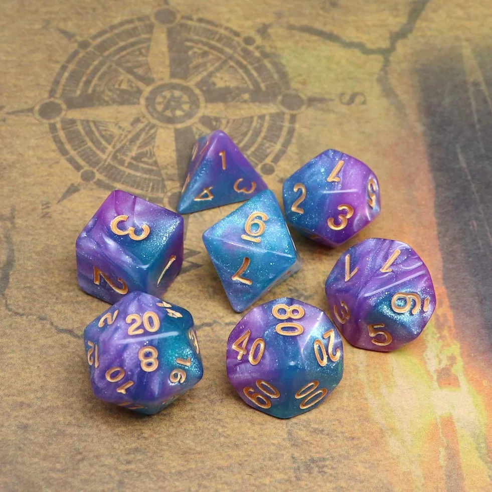 DND - Dados Poliédricos Azul y Morado con Purpurina para Dungeon and Dragons D&D, Juego de Rol y Mesa