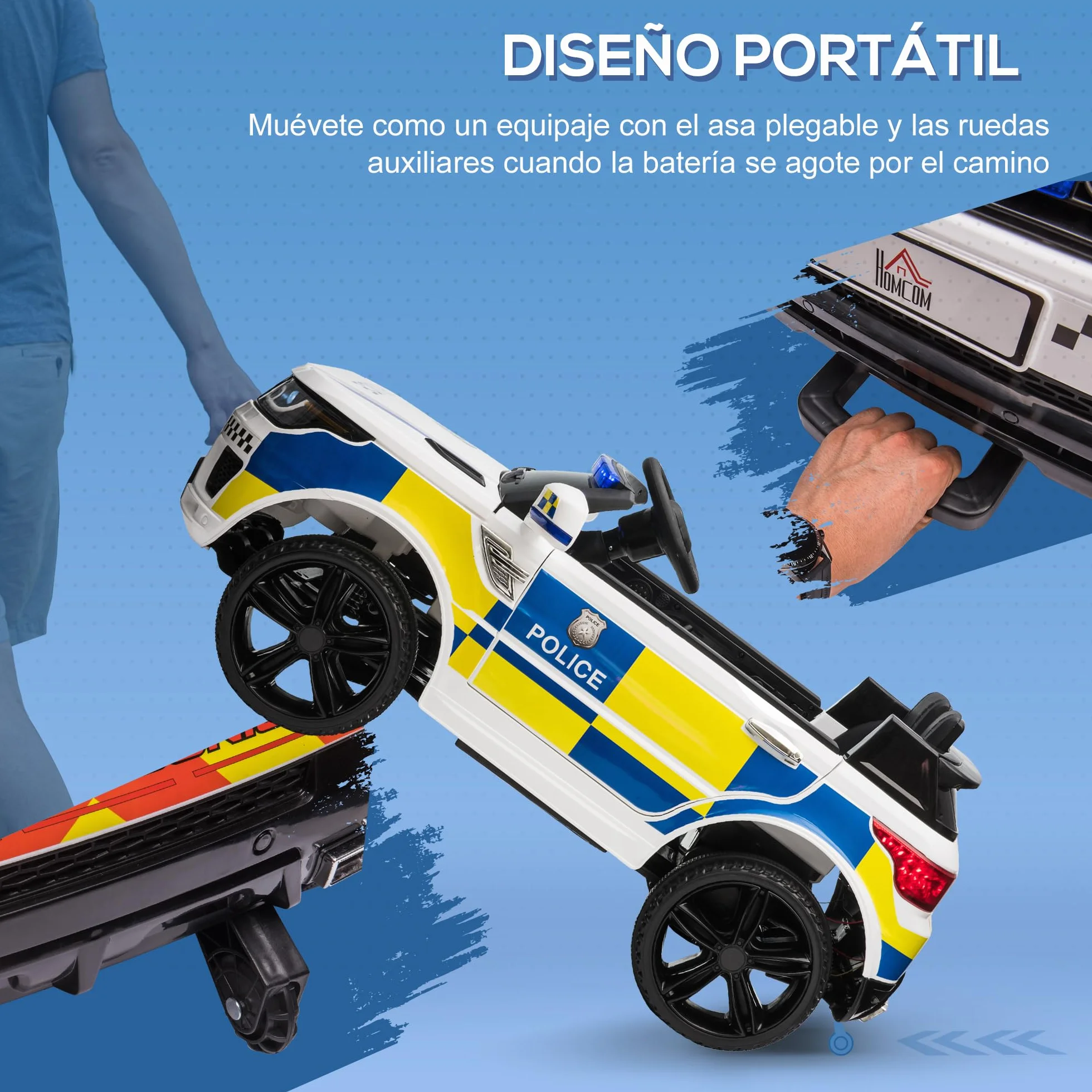 HOMCOM Coche Eléctrico Infantil de Policía 12V con Suspensión Muelle Mando a Distancia Bluetooth USB Sirena Blanco