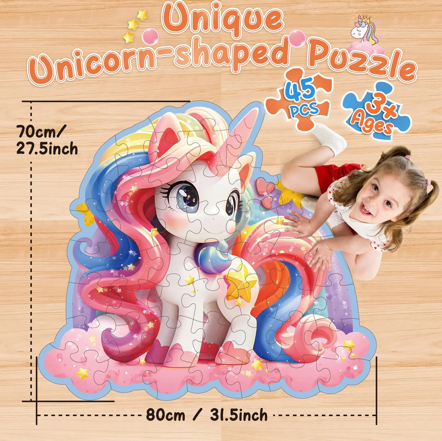 Kiztoys Puzzle de suelo de unicornio para niñas - Regalos de unicornio para niños 3 4 5 6 7 8 años 45 piezas grandes bonitos rompecabezas rosa juguete a partir de 3 – 8 años