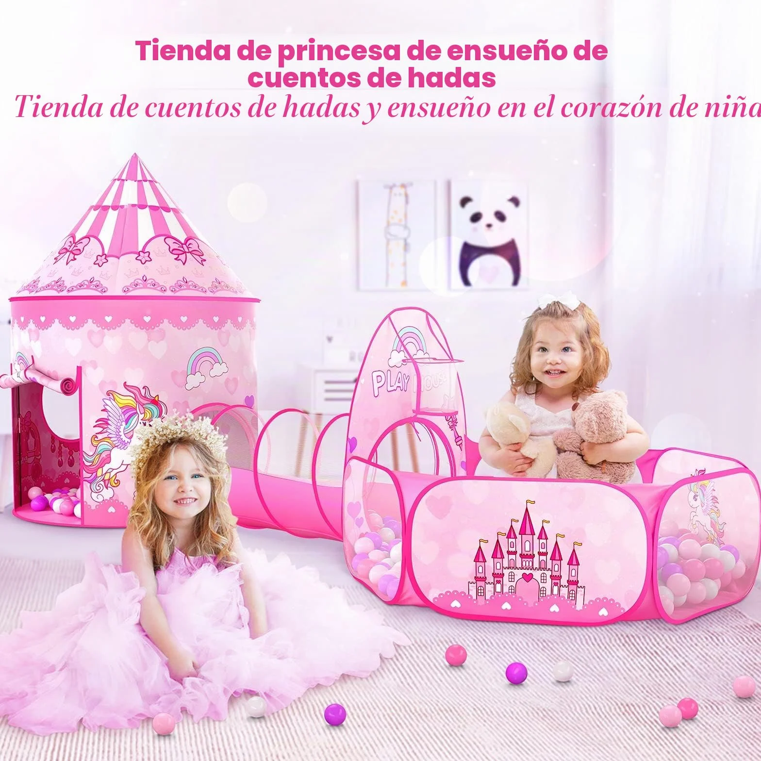 Wilwolfer Tienda de Campaña Infantil Pop-up+Túnel de Juego Infantil+Piscina de Bolas Bebé - 3-en-1 Tienda de Juego para Niños Niñas - Gran Casita Infantil Interior y Exterior