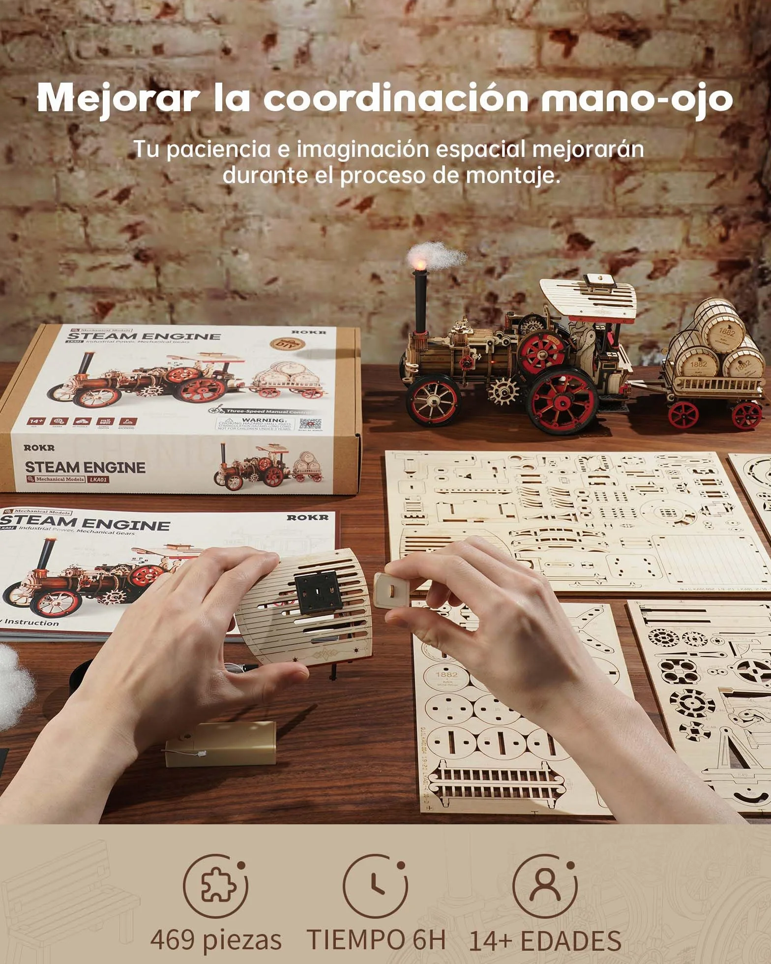 ROKR Puzzle 3D Madera Auto Maquetas para Construir Adultos, Kits de Modelos de Locomotoras de Vapor, Puzzle de madera para coche, 469 piezas, Steam Locomotive, LKA01