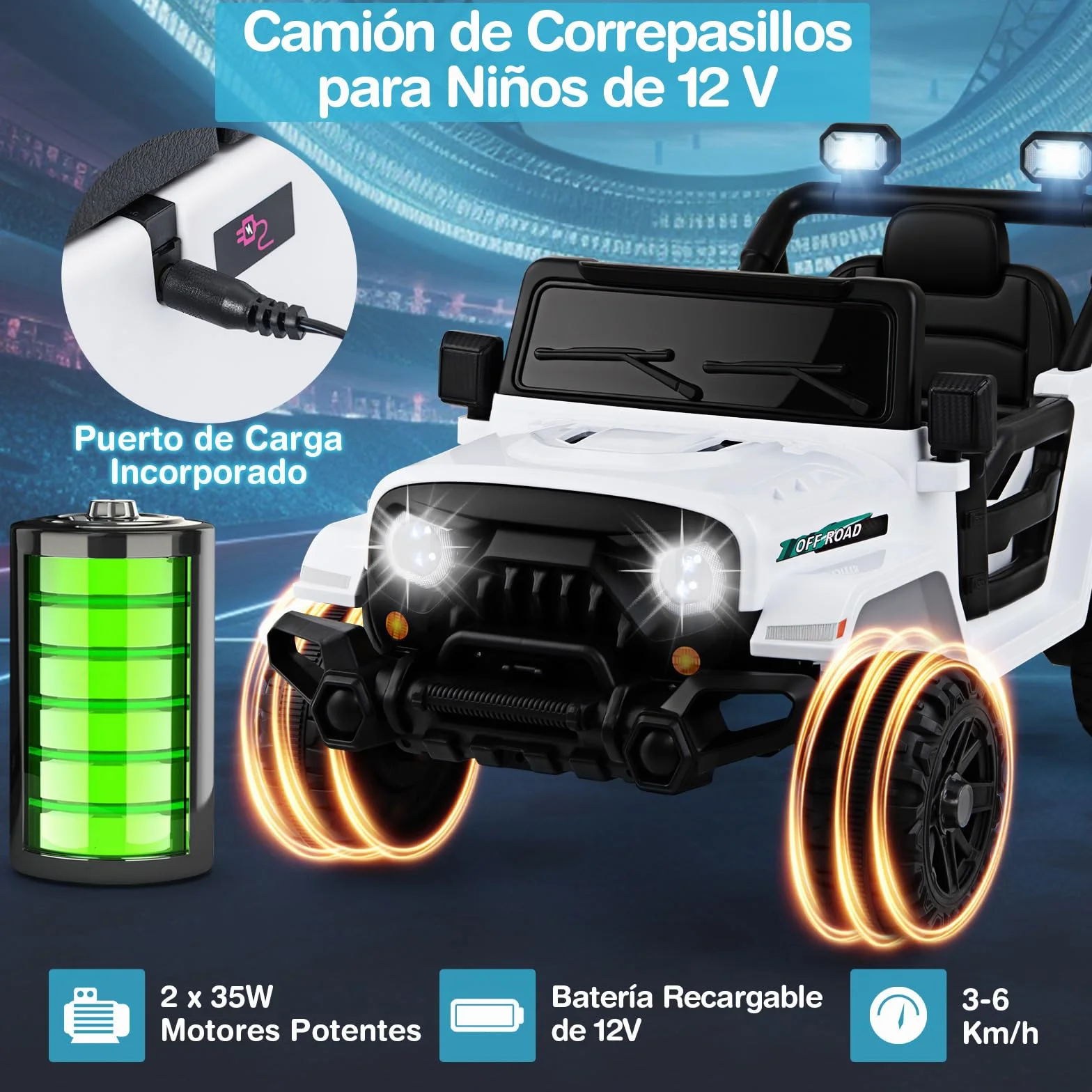 COSTWAY Coche Eléctrico para Niños 12V, Vehículo Todoterreno de Batería con Control Remoto, 3 Velocidades, Luces LED, Música, Bocina y Conexión Inalámbrica, para Niños de 3+ Años (Blanco)