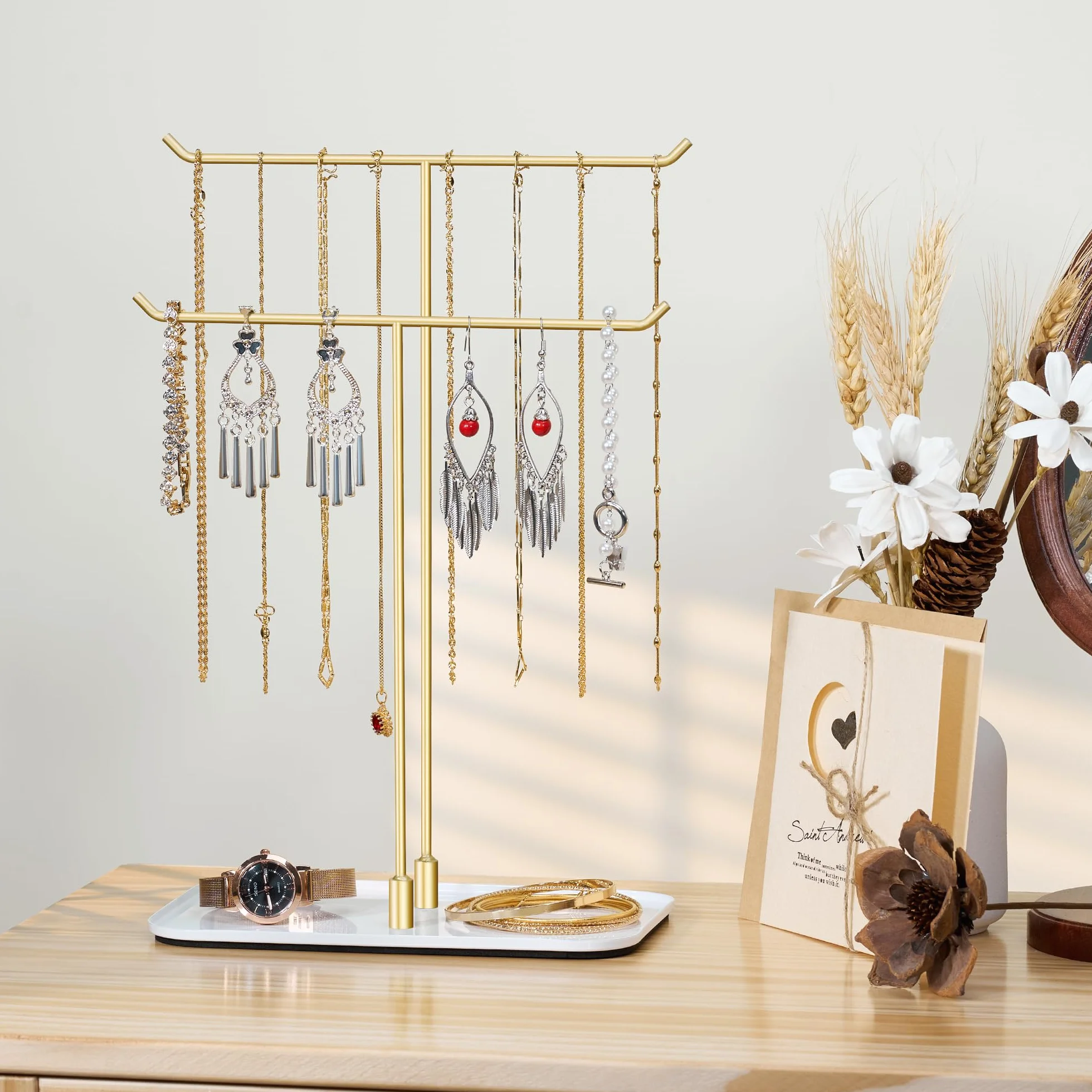 Josmimic Soporte para joyas, bandeja para joyas, organizador de joyas para collares, pulseras, pendientes, anillos, idea de regalo, dorado