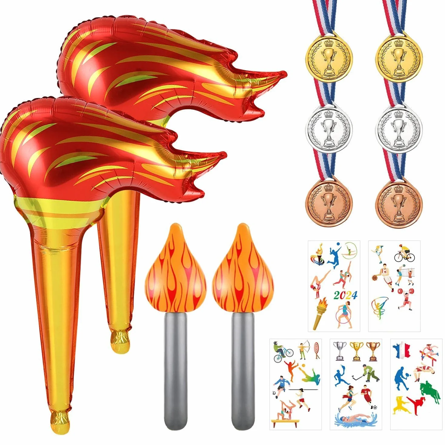 Medallas de Campeonato con Antorchas y Pegatinas Deportivas - Decoraciones para Juegos Deportivos